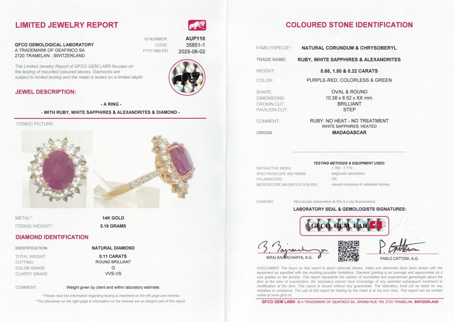 5.65 Ct Unheated Ruby Ring with Alexandrite and natural diamond 14K 5.18 Gram For Sale 6