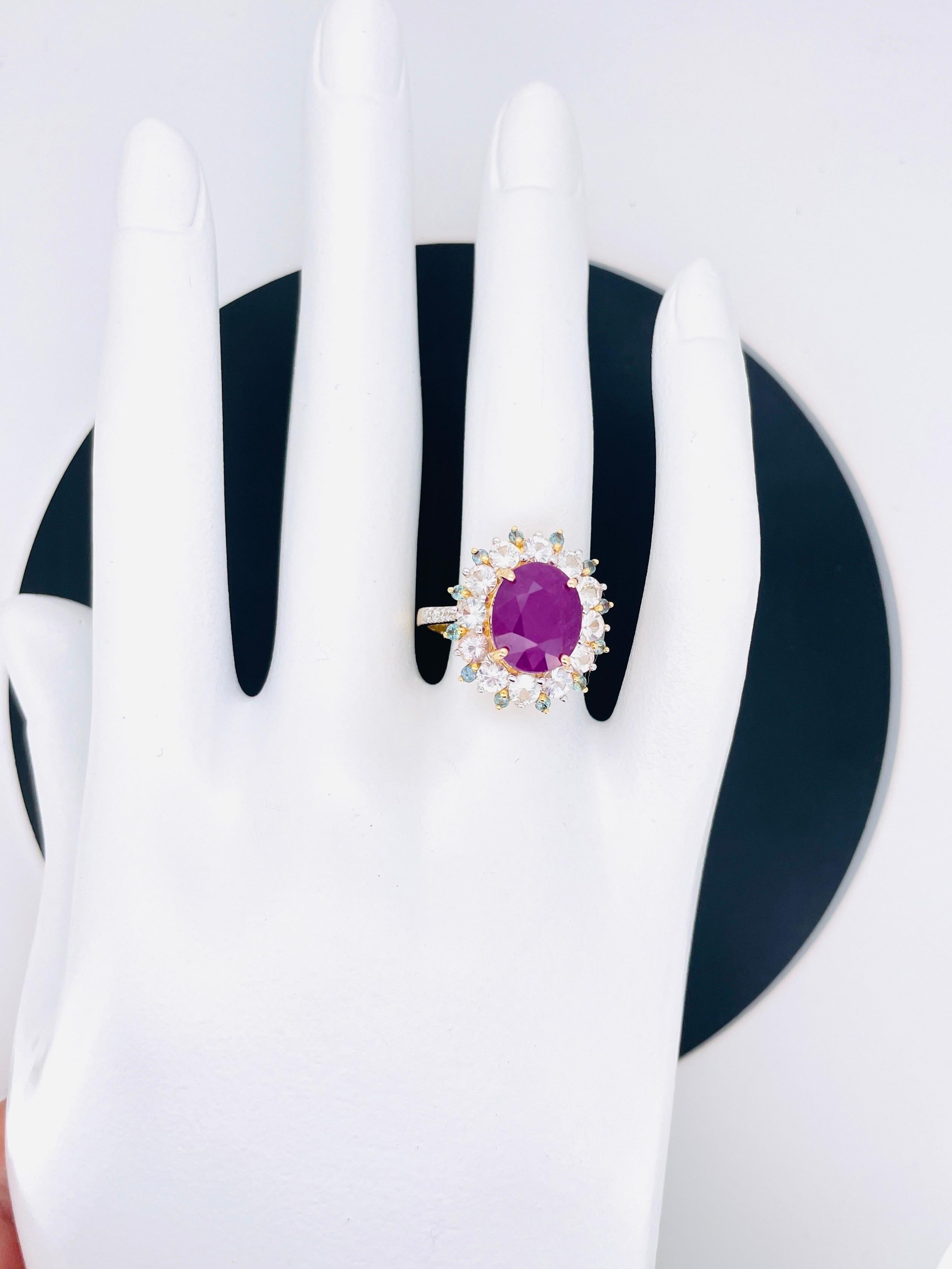 E031 
 Unheated Ruby Ring with Alexandrite and natural diamond 14K gold ring 5.18 Gram

GEM DESCRIPTION
1-Main stone :
Main stone Natural Ruby Unheated 5.65ct Pink Red

2-Site stone: 
Natural diamond -0.11ct ( G color / VVS )
White Sapphire