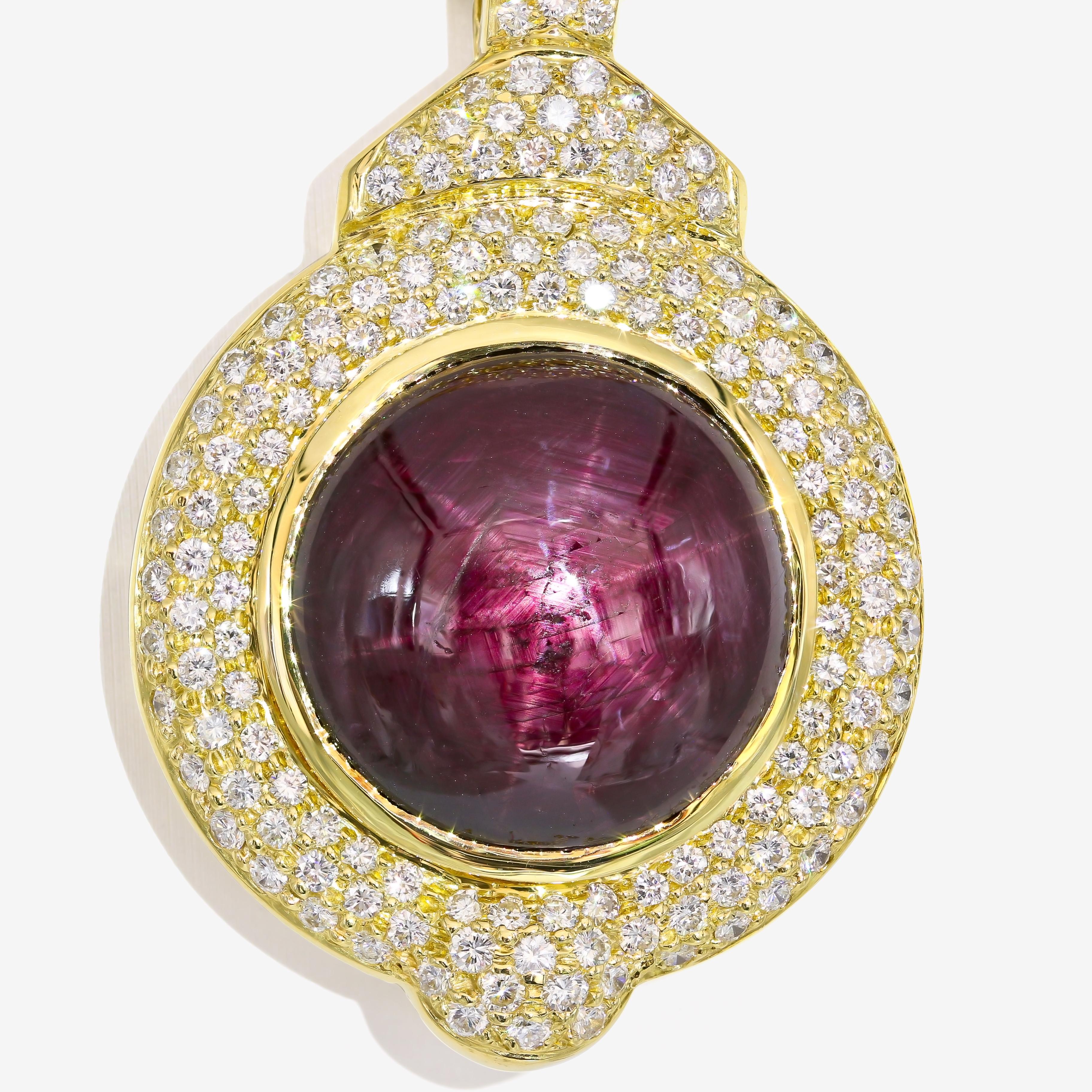 Contemporary 56.54 Carat Cabochon Cut Star Ruby and Diamond Necklace For Sale