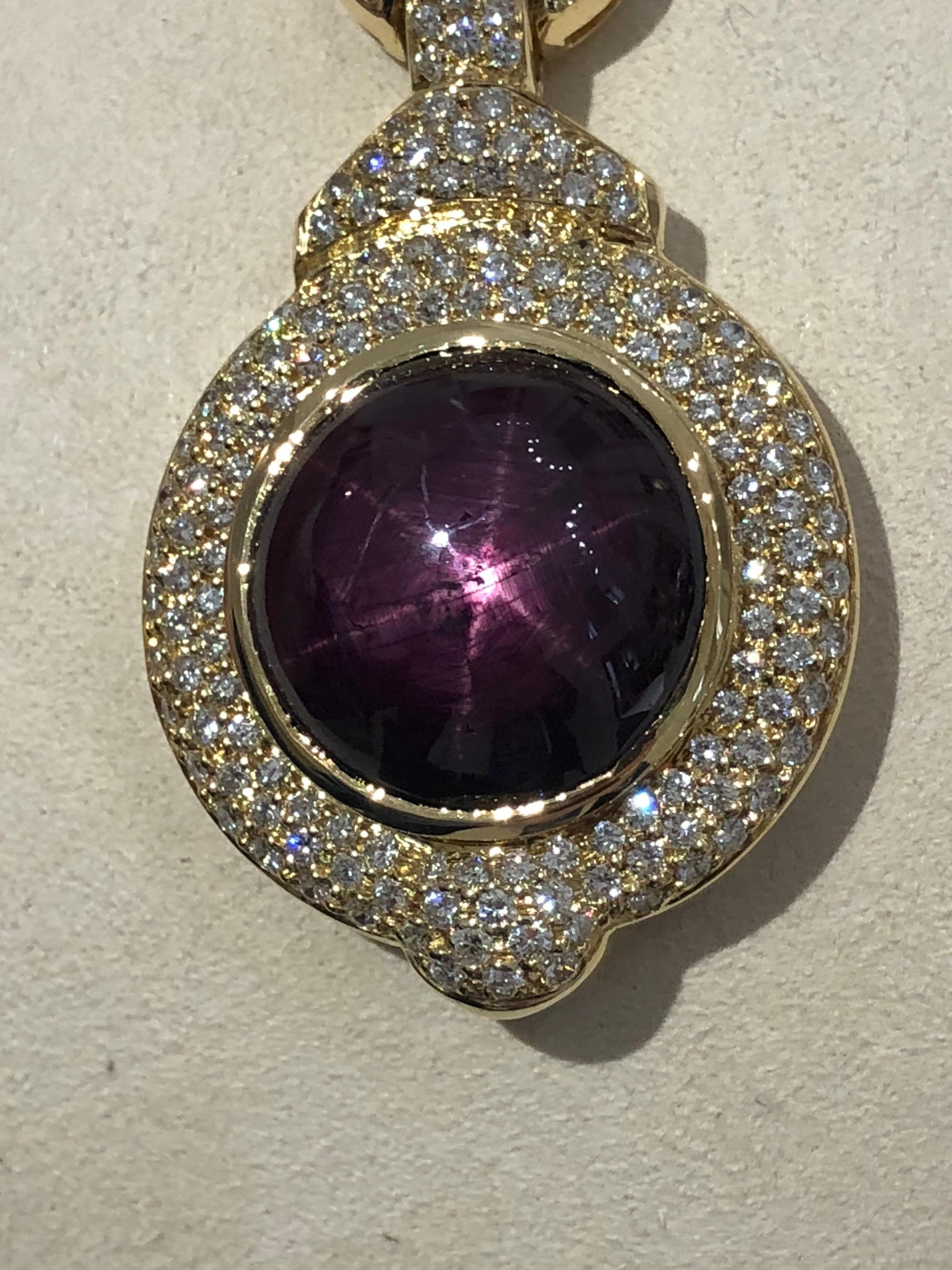 56.54 Carat Cabochon Cut Star Ruby and Diamond Necklace In New Condition For Sale In Chicago, IL