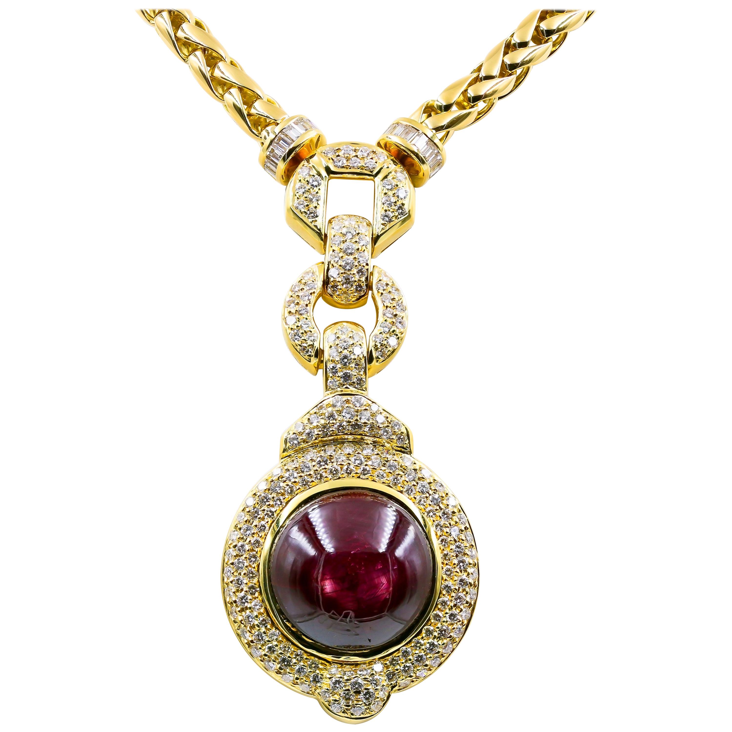 56.54 Carat Cabochon Cut Star Ruby and Diamond Necklace For Sale