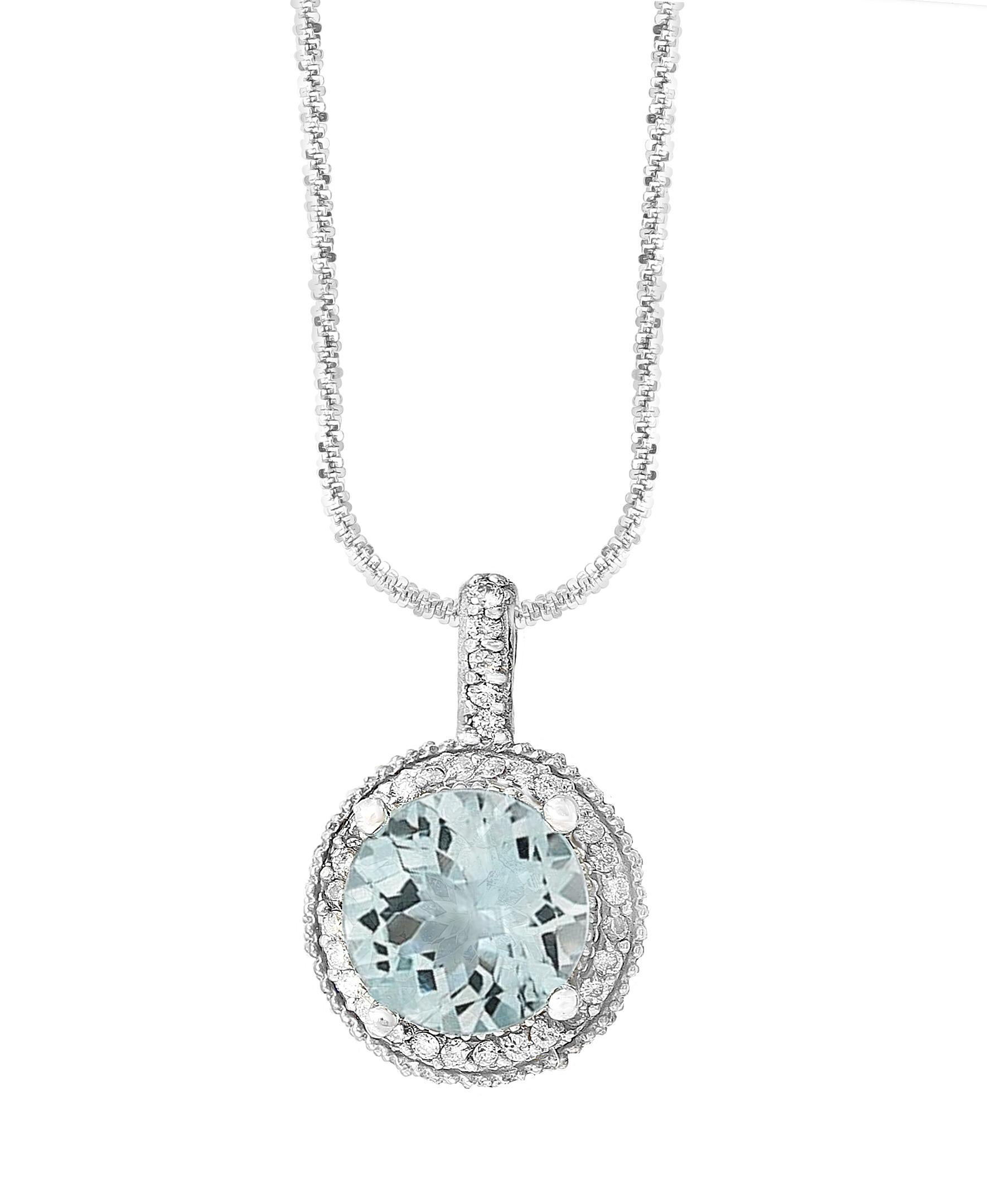 5.66 Carat Aquamarine and 1 Carat Diamond Pendant / Necklace 14 Karat White Gold 6