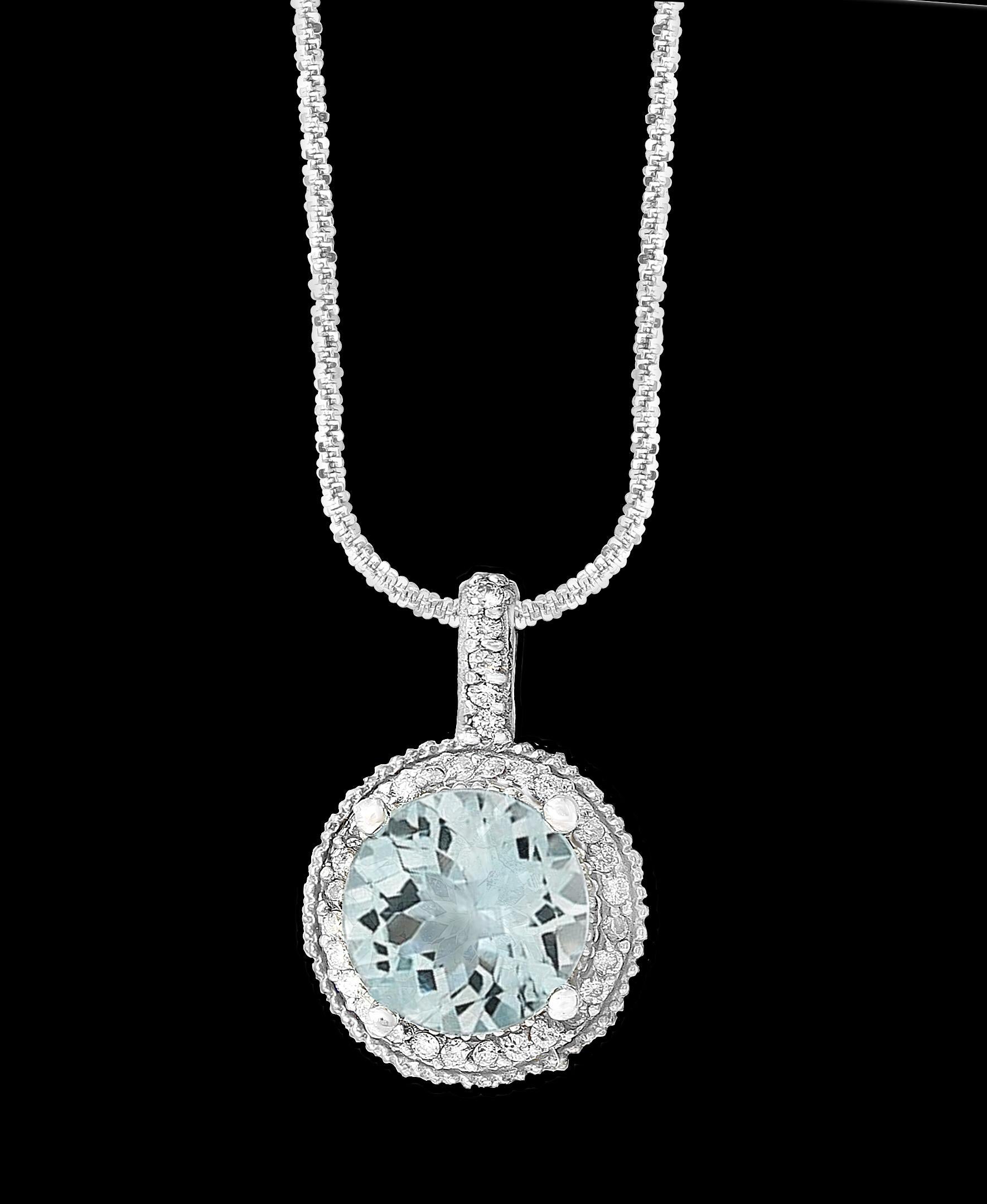 5.66 Carat Aquamarine and 1 Carat Diamond Pendant / Necklace 14 Karat White Gold 7