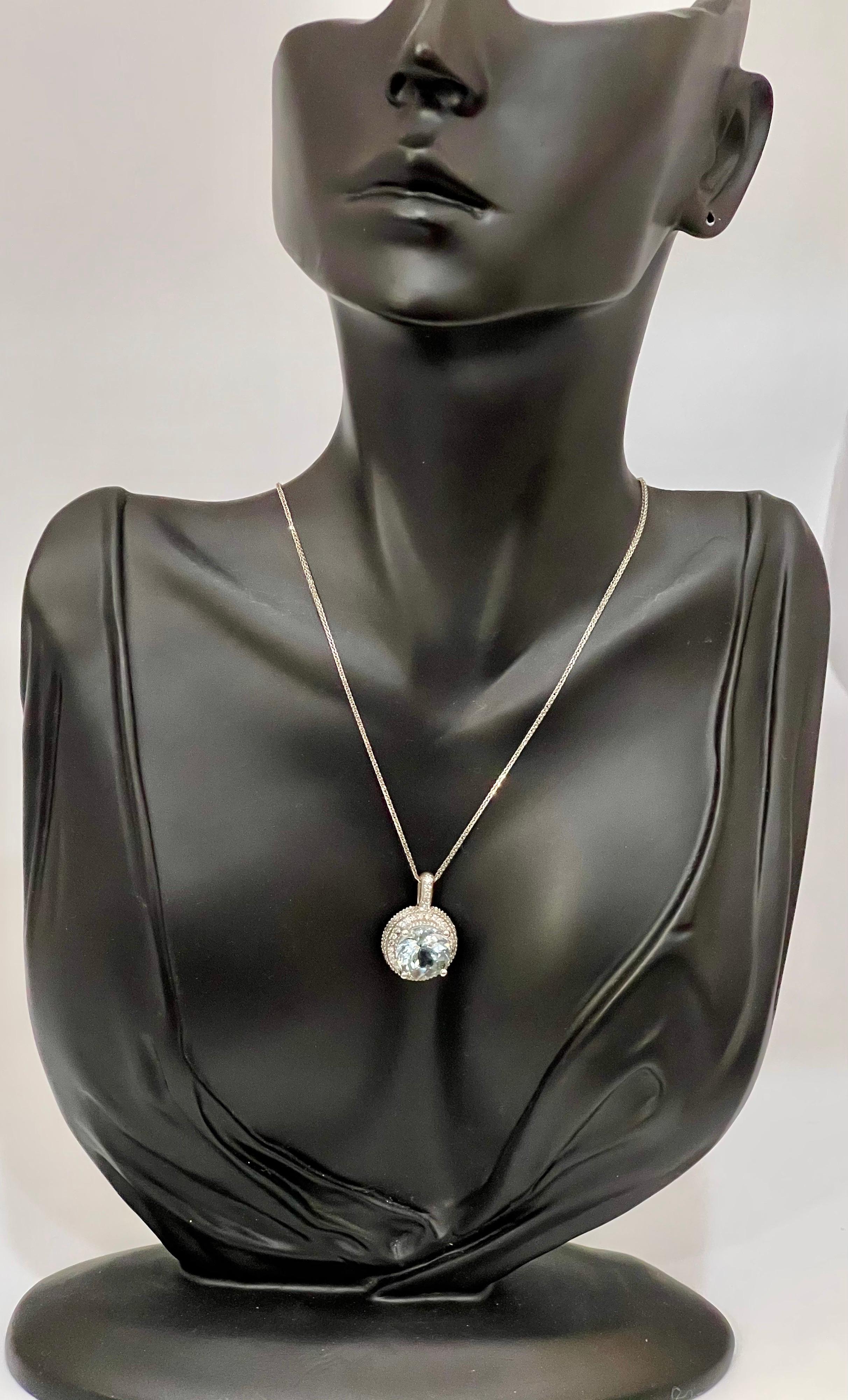Round Cut 5.66 Carat Aquamarine and 1 Carat Diamond Pendant / Necklace 14 Karat White Gold