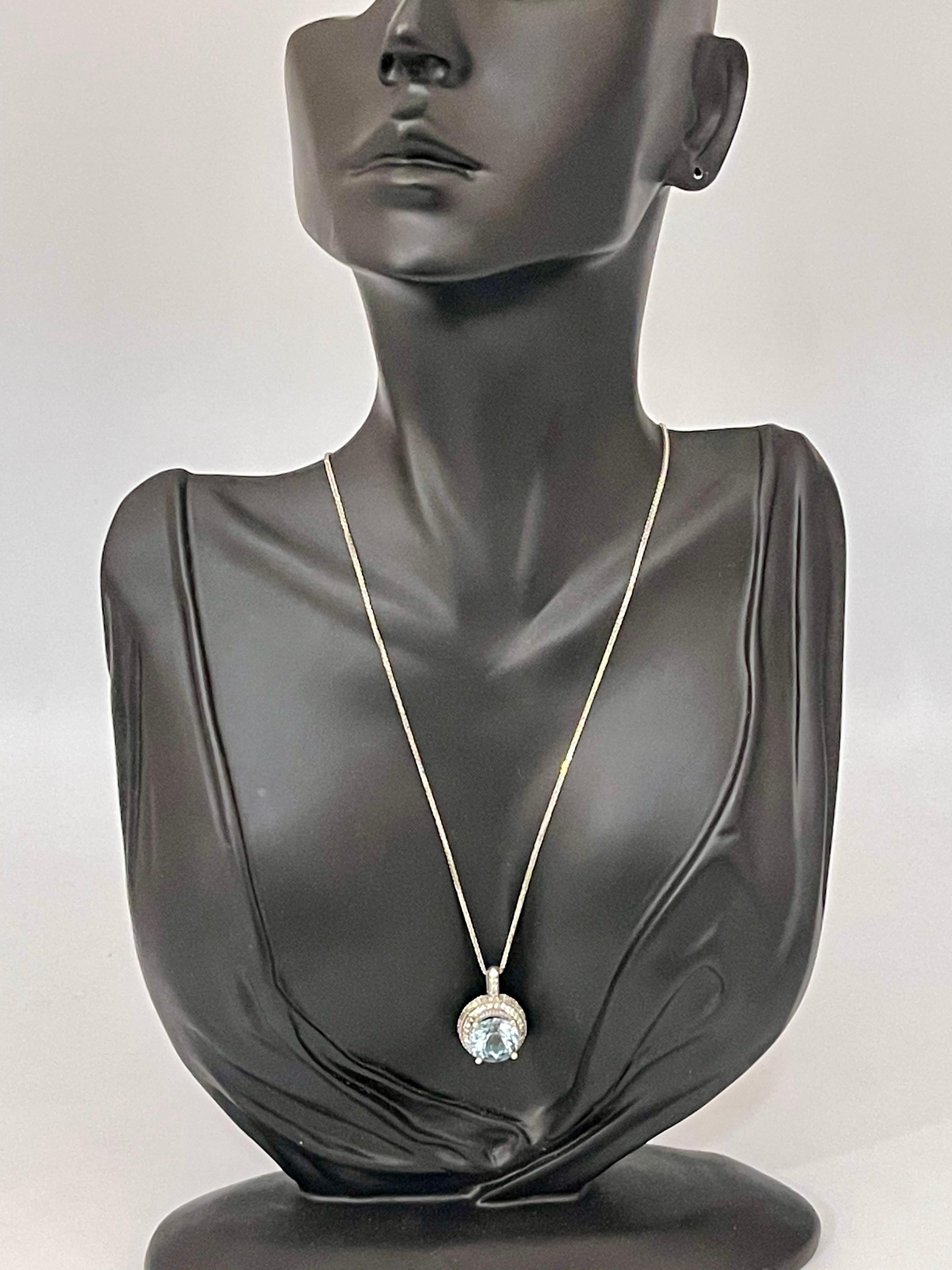 Women's 5.66 Carat Aquamarine and 1 Carat Diamond Pendant / Necklace 14 Karat White Gold