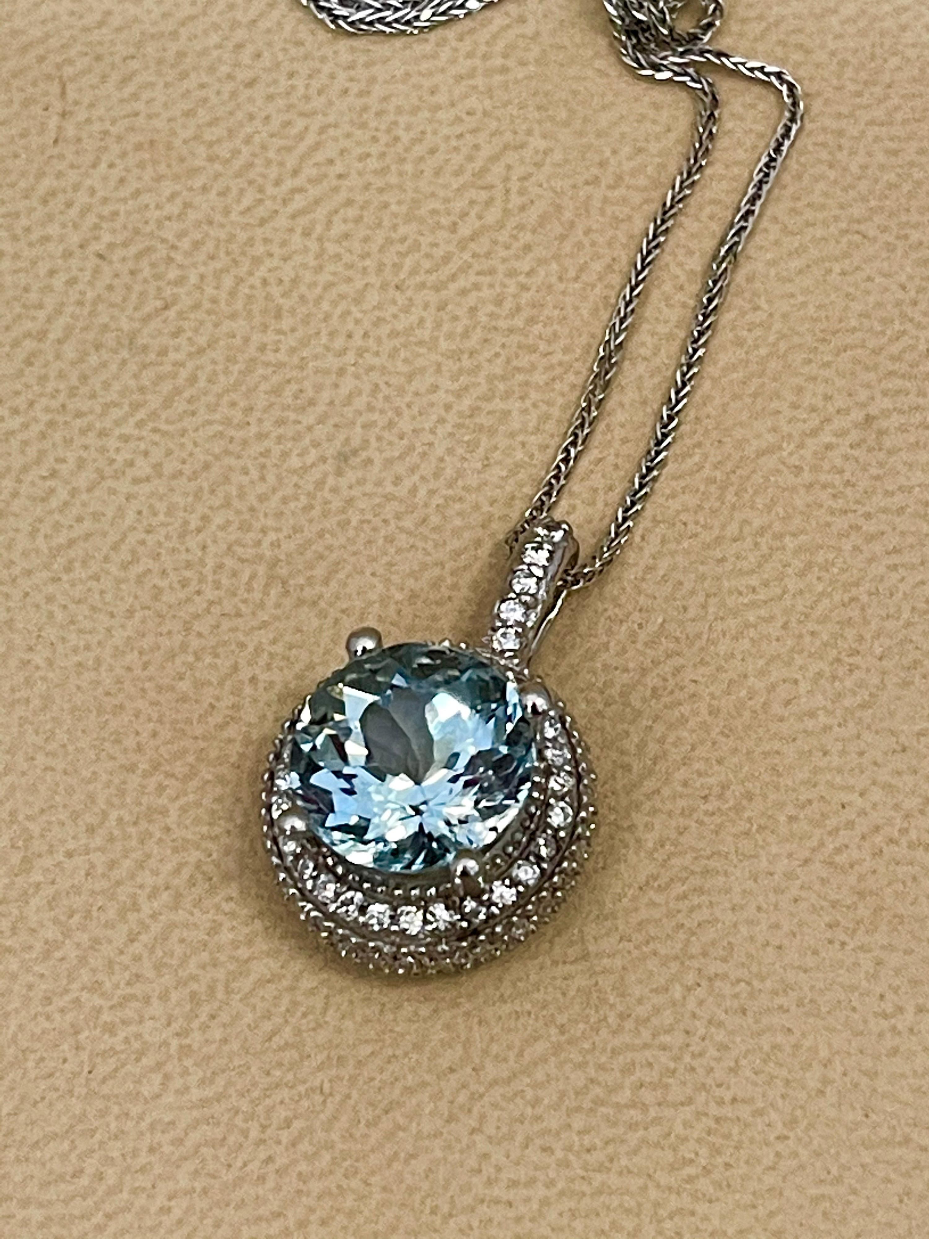 5.66 Carat Aquamarine and 1 Carat Diamond Pendant / Necklace 14 Karat White Gold 1
