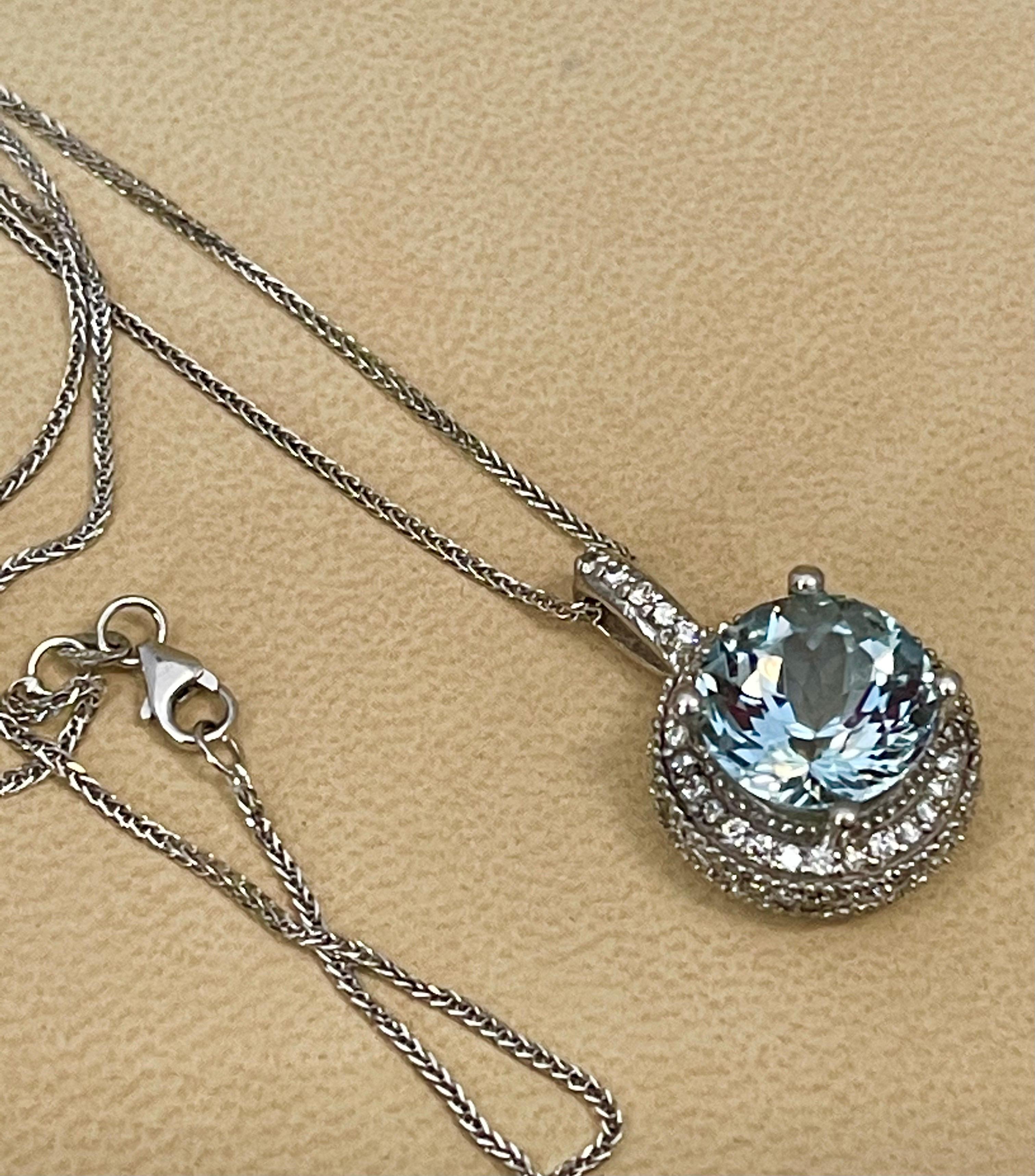 5.66 Carat Aquamarine and 1 Carat Diamond Pendant / Necklace 14 Karat White Gold 2