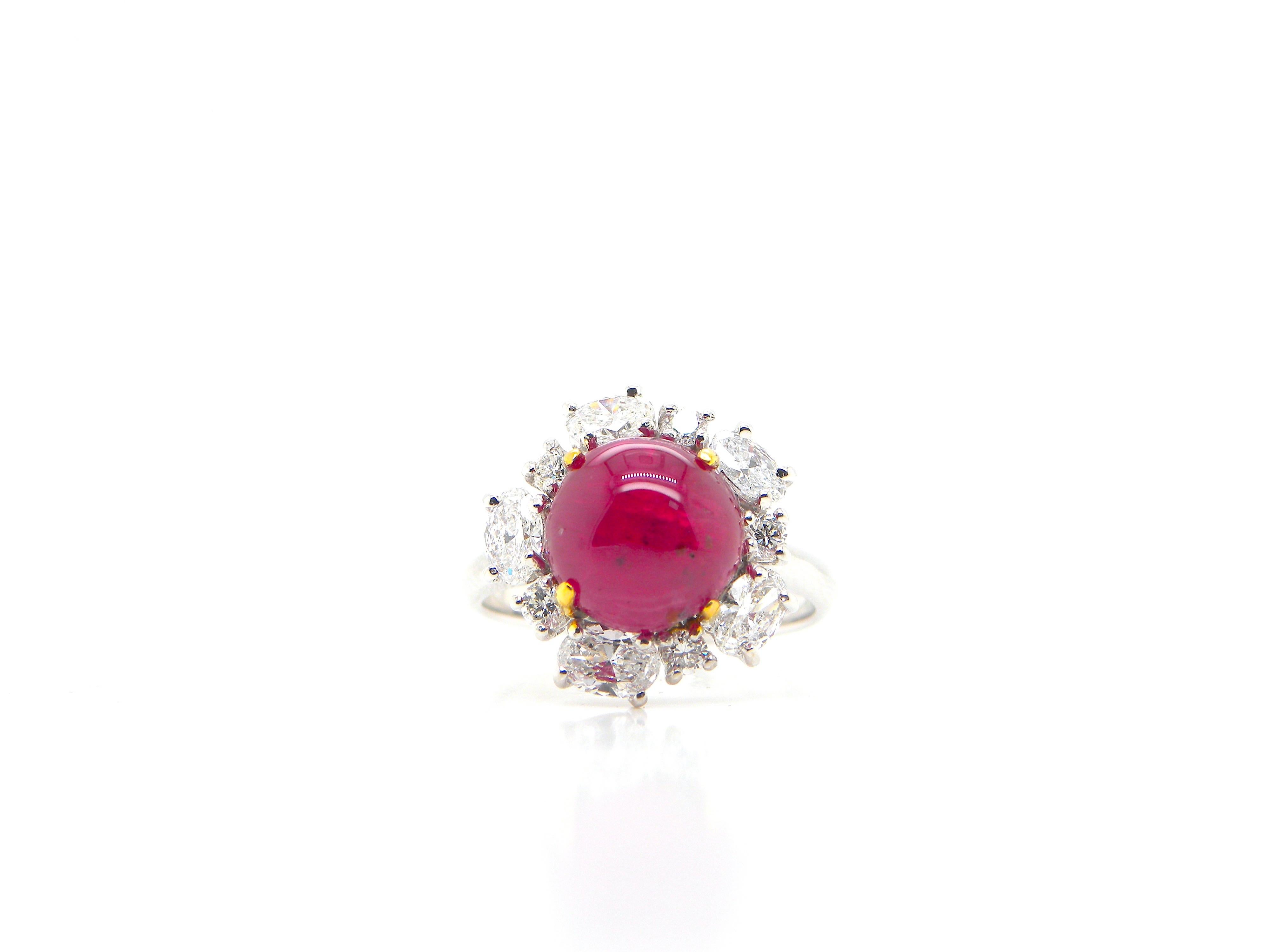 5.66 Carat GIA Certified Burma No Heat Vivid Red Ruby Cabochon and Diamond Ring 5