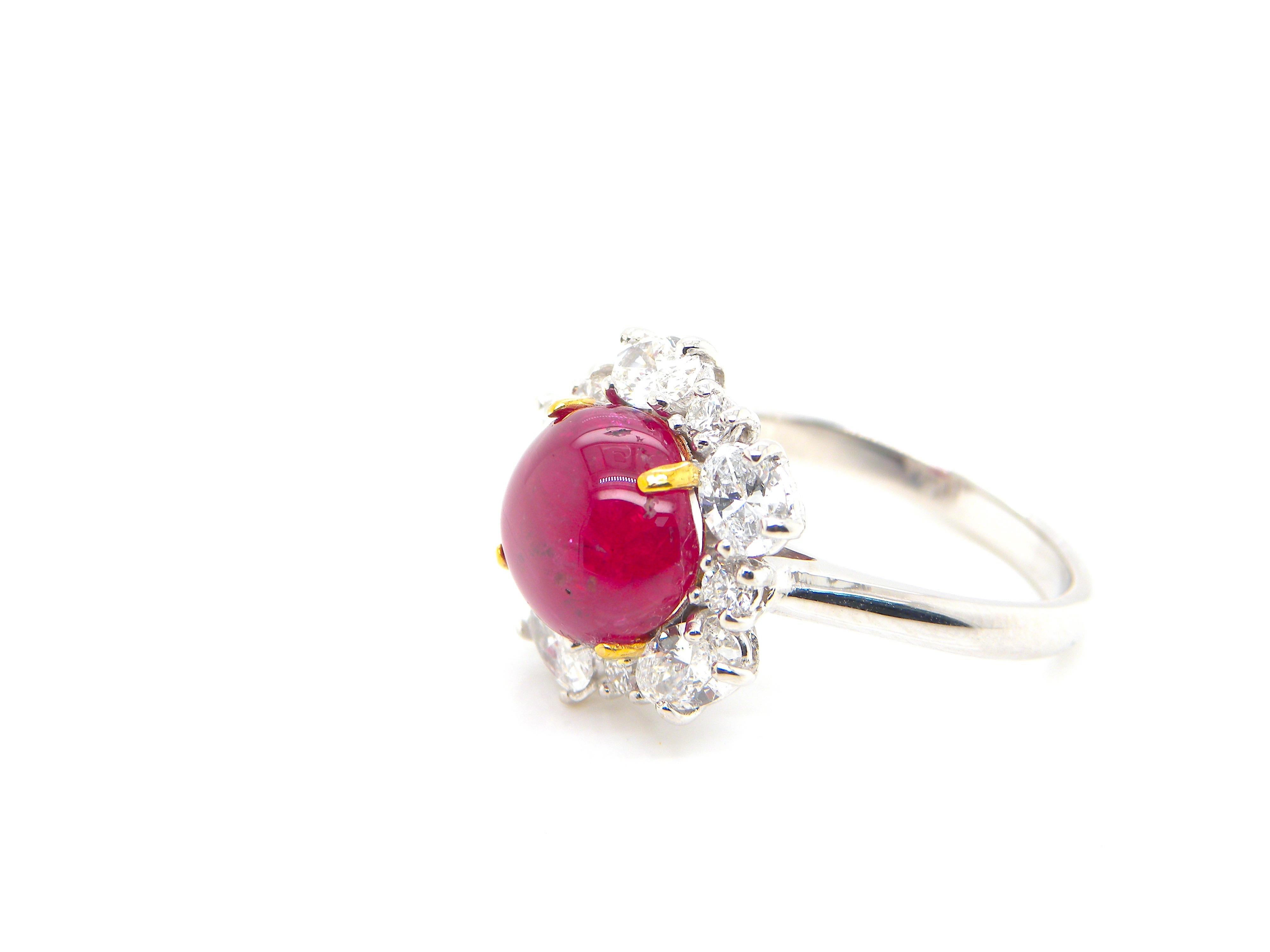 5.66 Carat GIA Certified Burma No Heat Vivid Red Ruby Cabochon and Diamond Ring 7