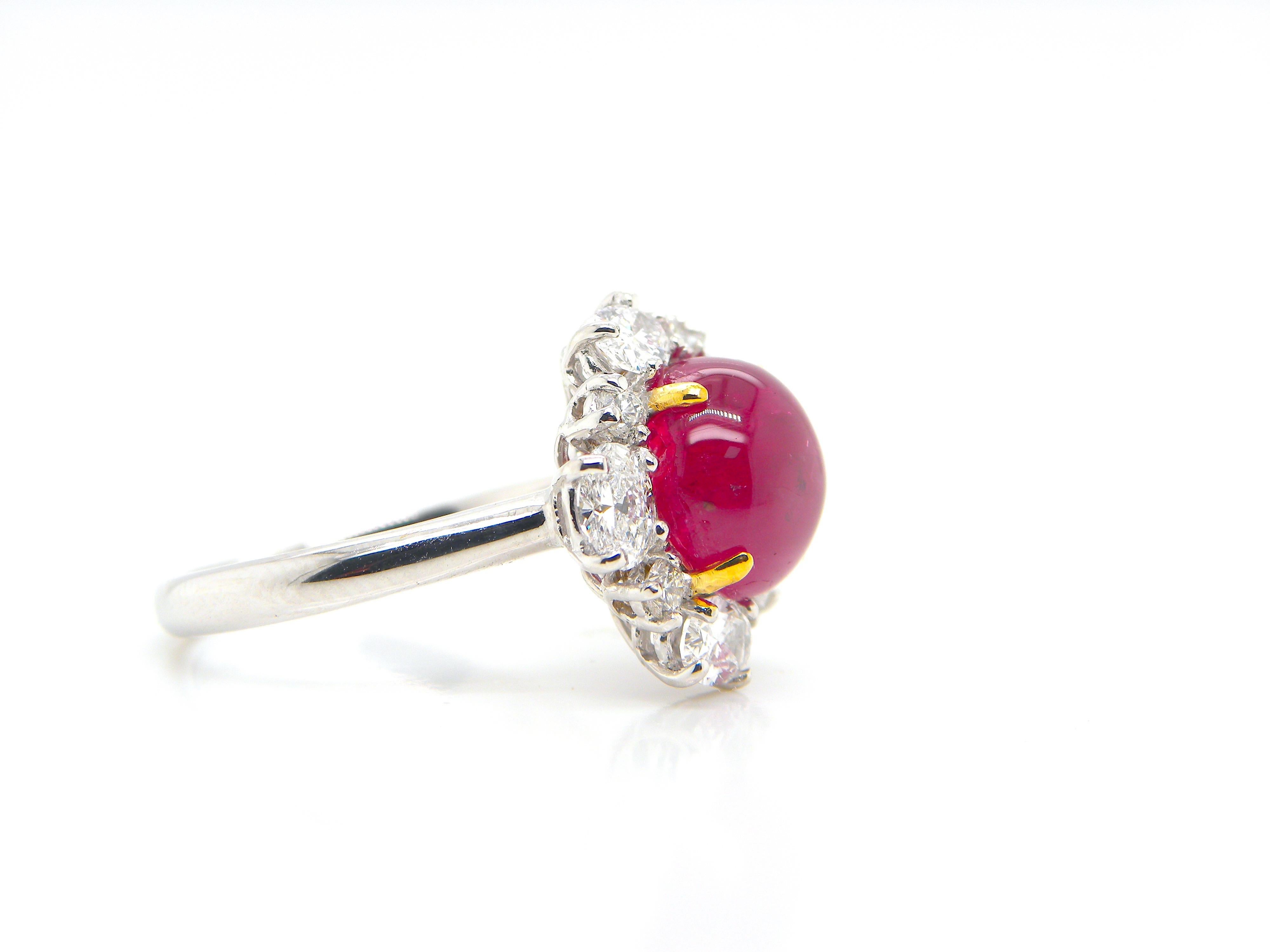 5.66 Carat GIA Certified Burma No Heat Vivid Red Ruby Cabochon and Diamond Ring In New Condition In Hong Kong, HK