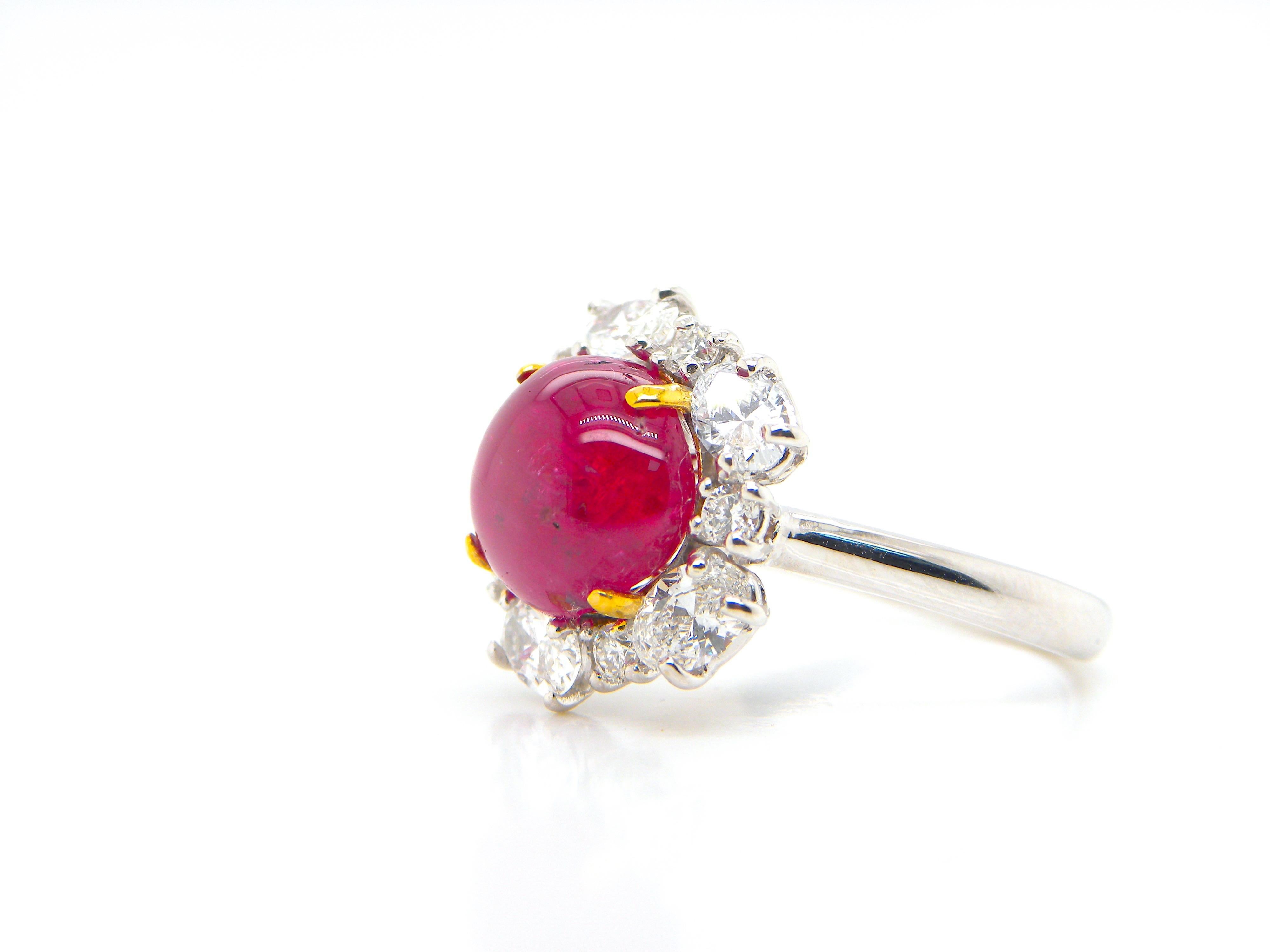 5.66 Carat GIA Certified Burma No Heat Vivid Red Ruby Cabochon and Diamond Ring 1
