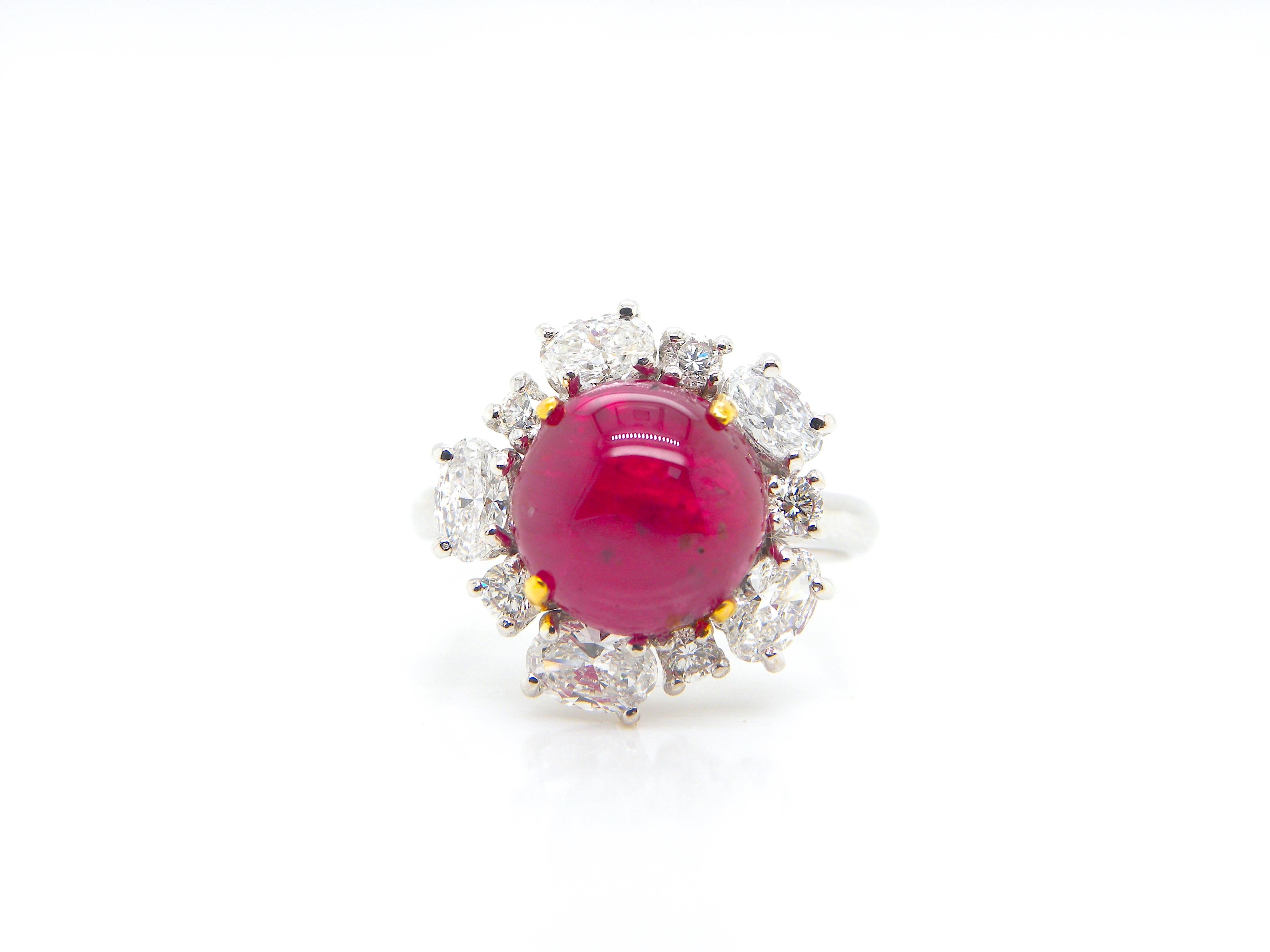 5.66 Carat GIA Certified Burma No Heat Vivid Red Ruby Cabochon and Diamond Ring 2