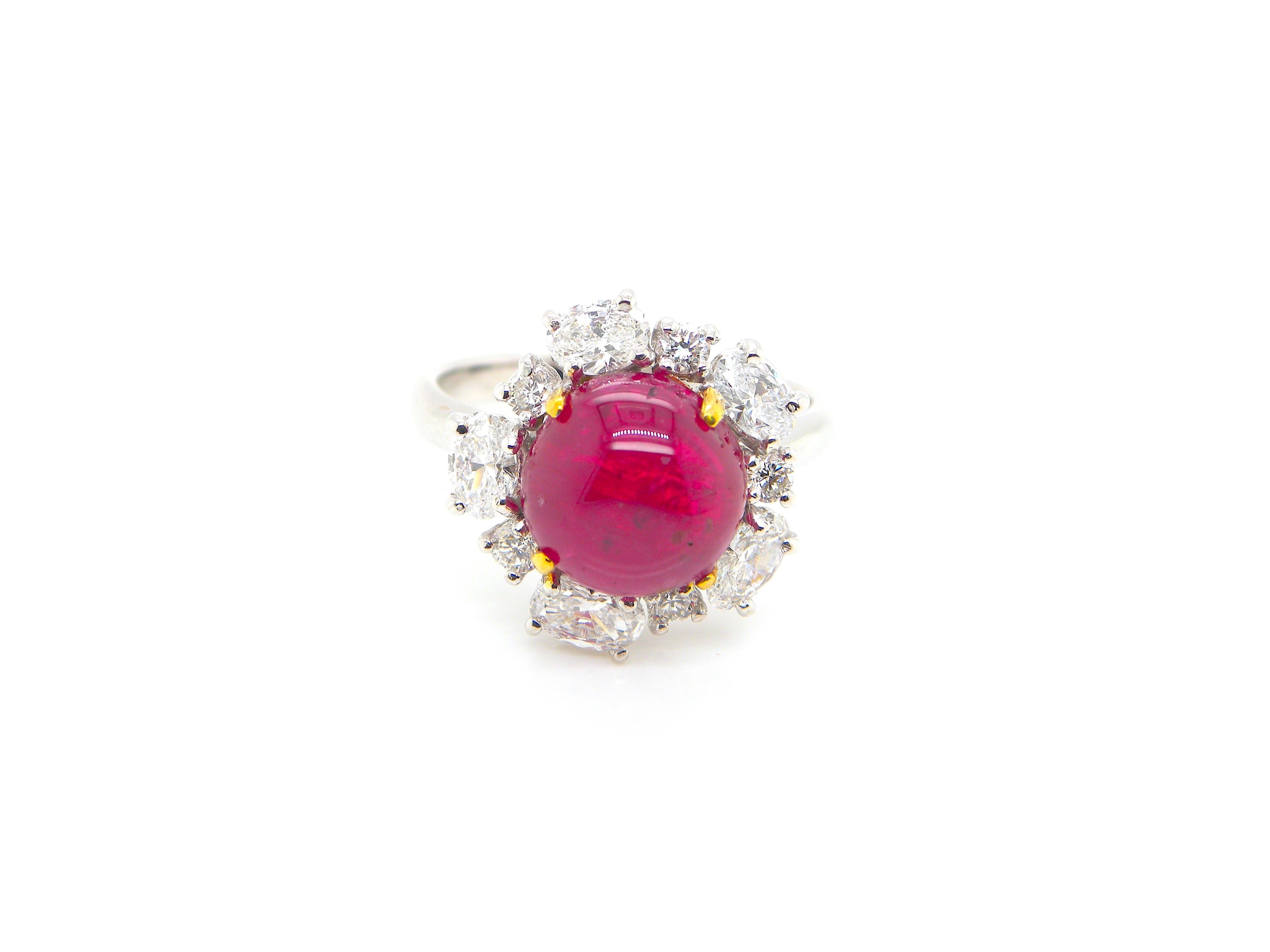 5.66 Carat GIA Certified Burma No Heat Vivid Red Ruby Cabochon and Diamond Ring 3