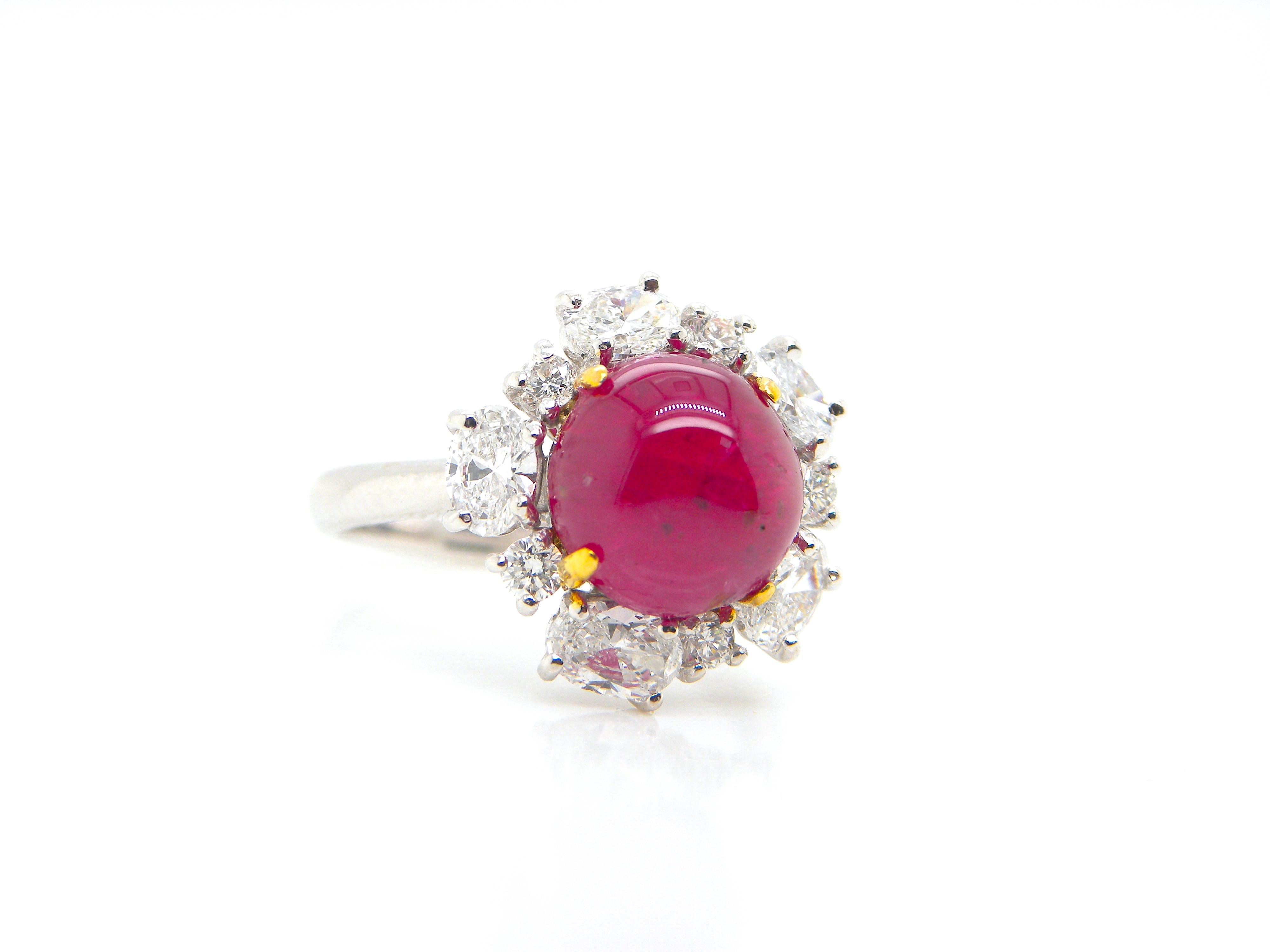 5.66 Carat GIA Certified Burma No Heat Vivid Red Ruby Cabochon and Diamond Ring 4