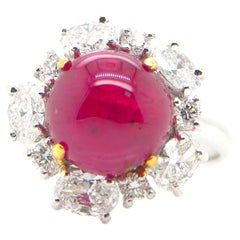 5.66 Carat GIA Certified Burma No Heat Vivid Red Ruby Cabochon and Diamond Ring
