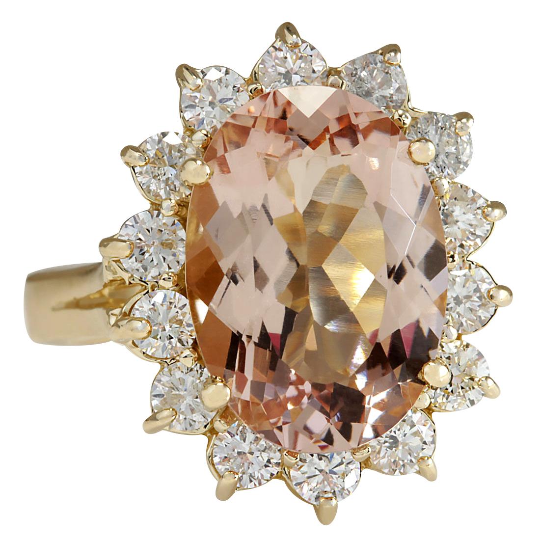 5.66 Carat Natural Morganite 14 Karat Yellow Gold Diamond Ring
Stamped: 14K Yellow Gold
Total Ring Weight: 5.5 Grams
Total Natural Morganite Weight is 4.62 Carat (Measures: 14.00x10.00 mm)
Color: Peach
Total Natural Diamond Weight is 1.04