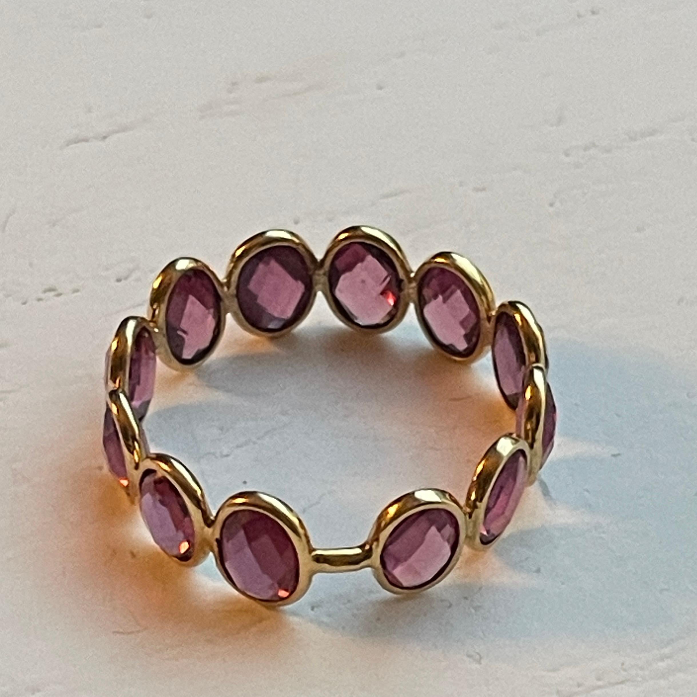 Oval Cut 5.66 Carat Oval Checker Cut Rhodolite 18K Gold Eternity Band Ring For Sale
