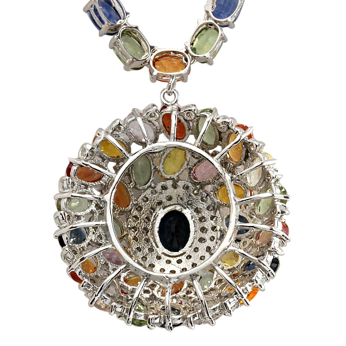 Stamped: 14K White Gold
Total Necklace Weight: 28.3 Grams
Necklace Length: 17 Inches
Total Natural Sapphire Weight is 1.90 Carat (Measures: 8.00x6.00 mm)
Color: Blue
Total Natural Sapphire Weight is 53.00 Carat
Color: Multicolor
Diamond Weight: