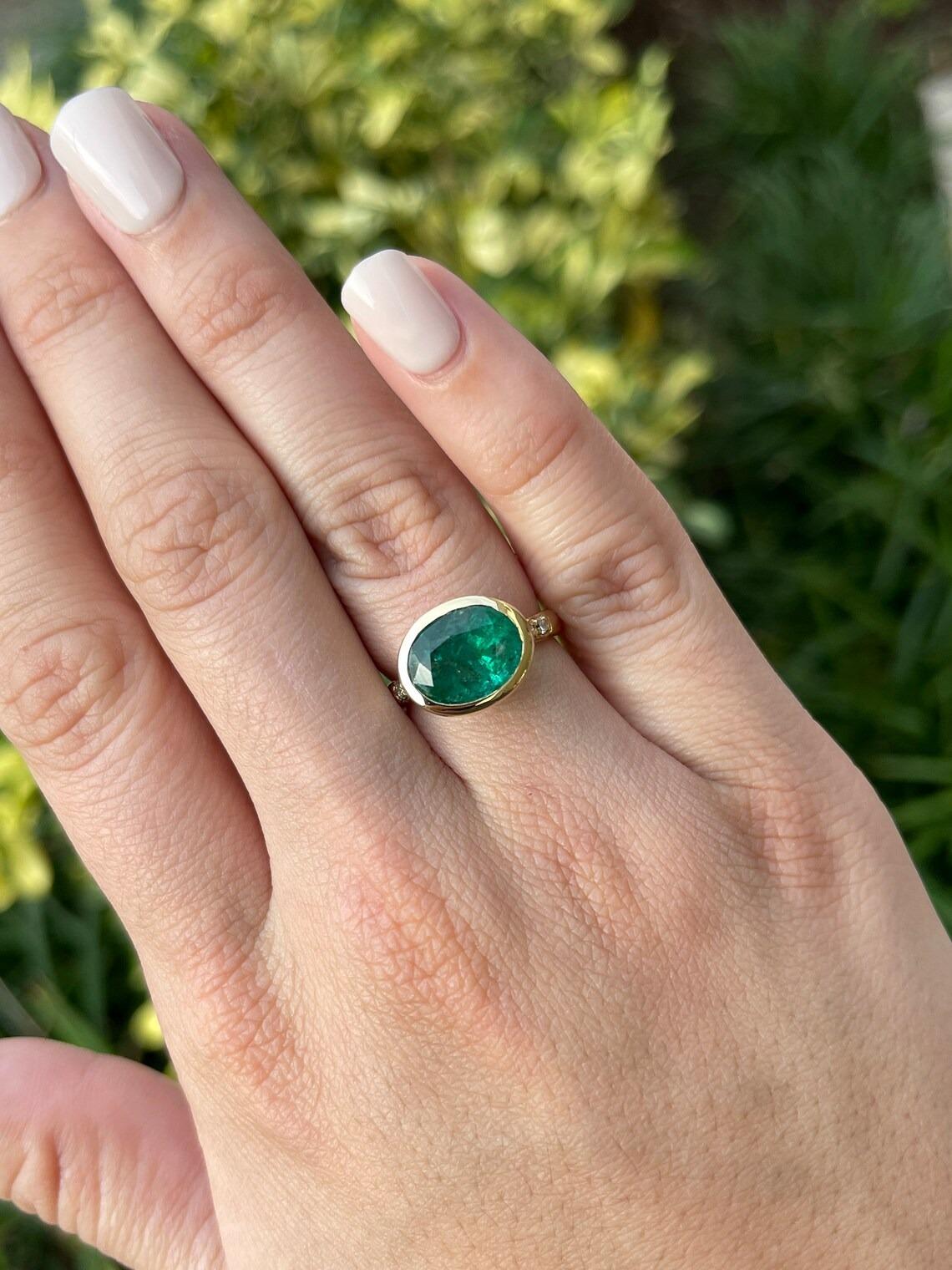 5.66tcw 18K Natural Dark Green Oval Cut Emerald & Diamond Accent Bezel Set Ring In New Condition For Sale In Jupiter, FL