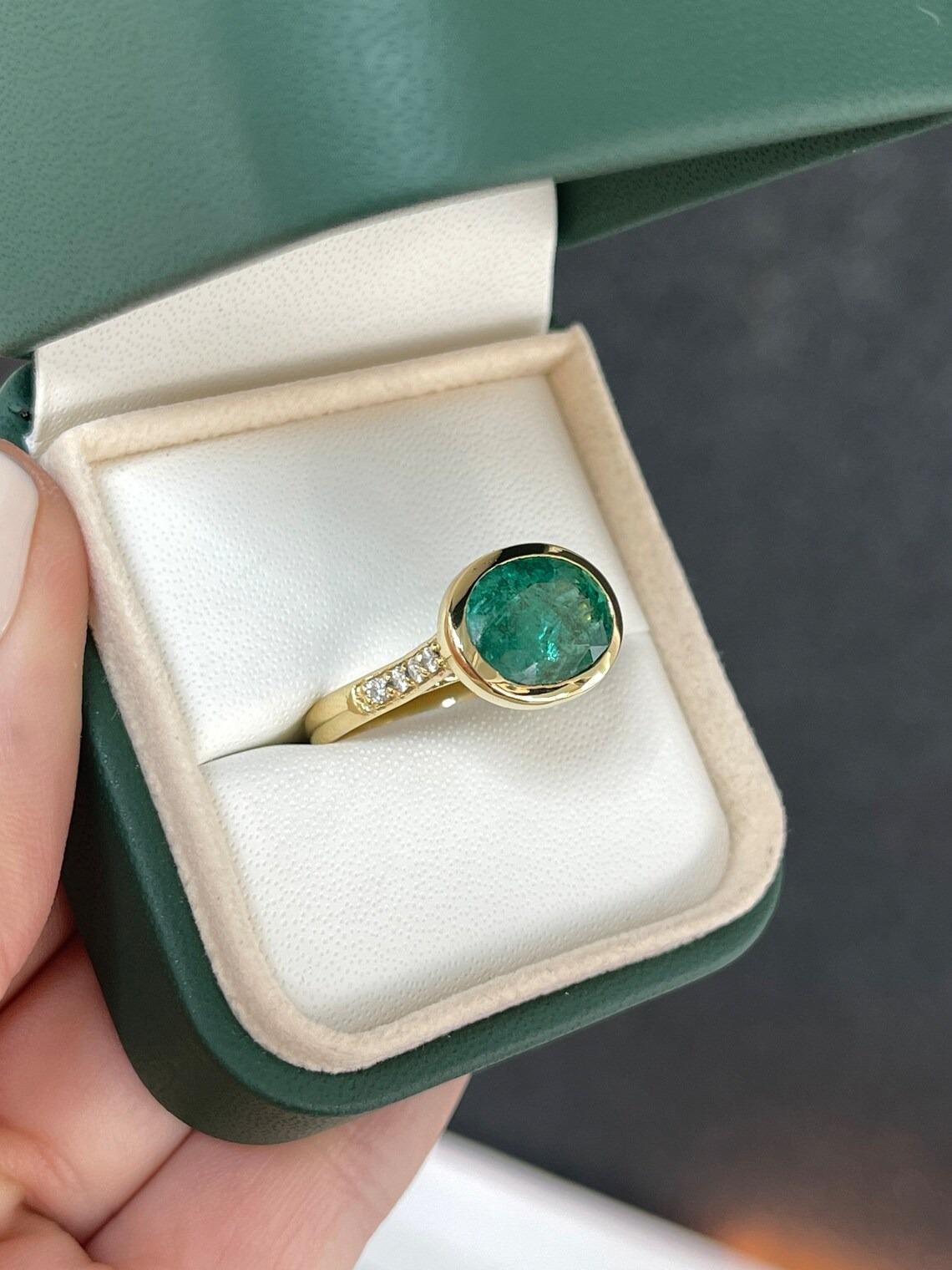 5.66tcw 18K Natural Dark Green Oval Cut Emerald & Diamond Accent Bezel Set Ring For Sale 1
