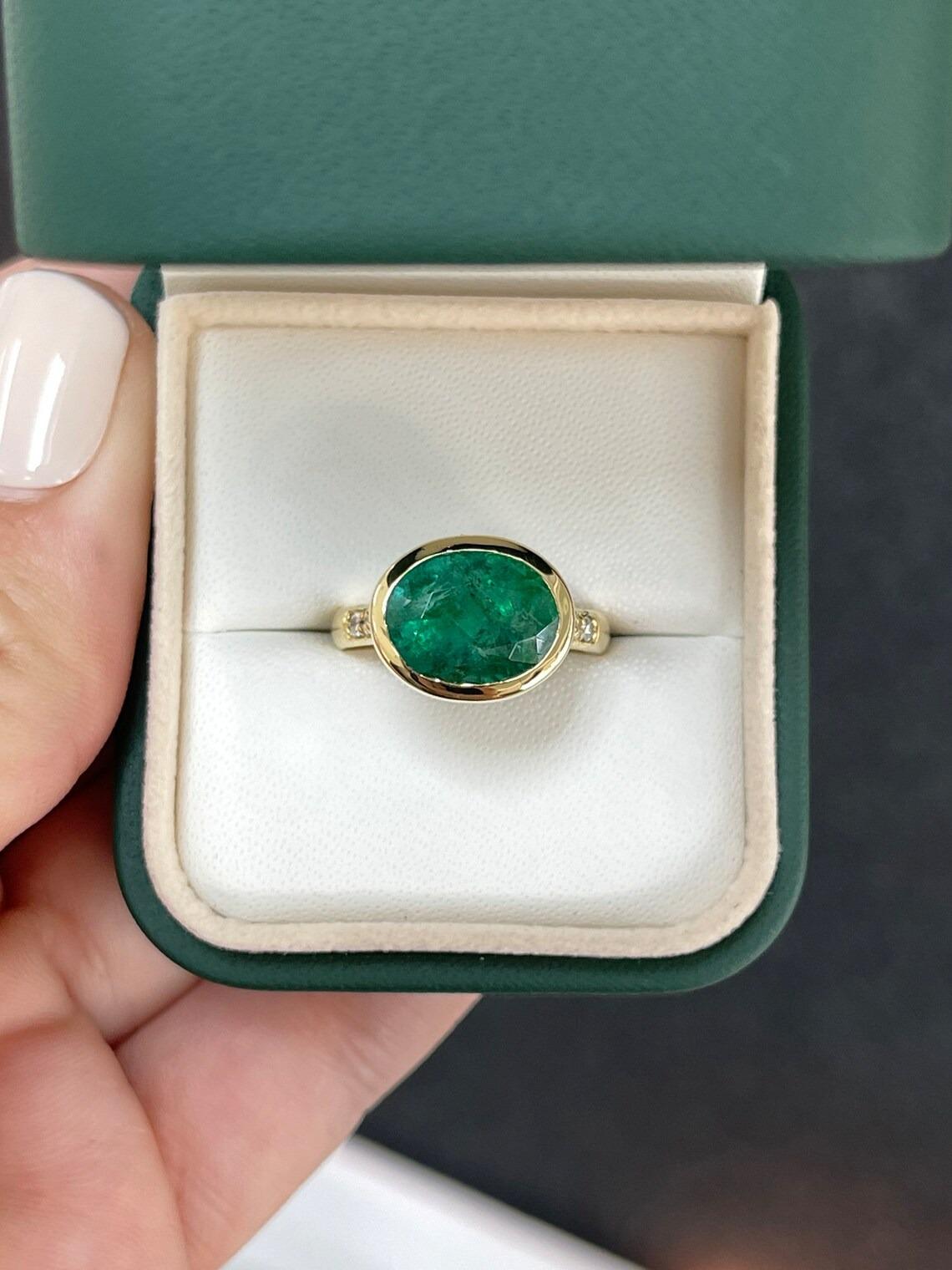 5.66tcw 18K Natural Dark Green Oval Cut Emerald & Diamond Accent Bezel Set Ring For Sale 2