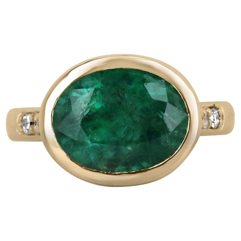 5.66tcw 18K Natural Dark Green Oval Cut Emerald & Diamond Accent Bezel Set Ring