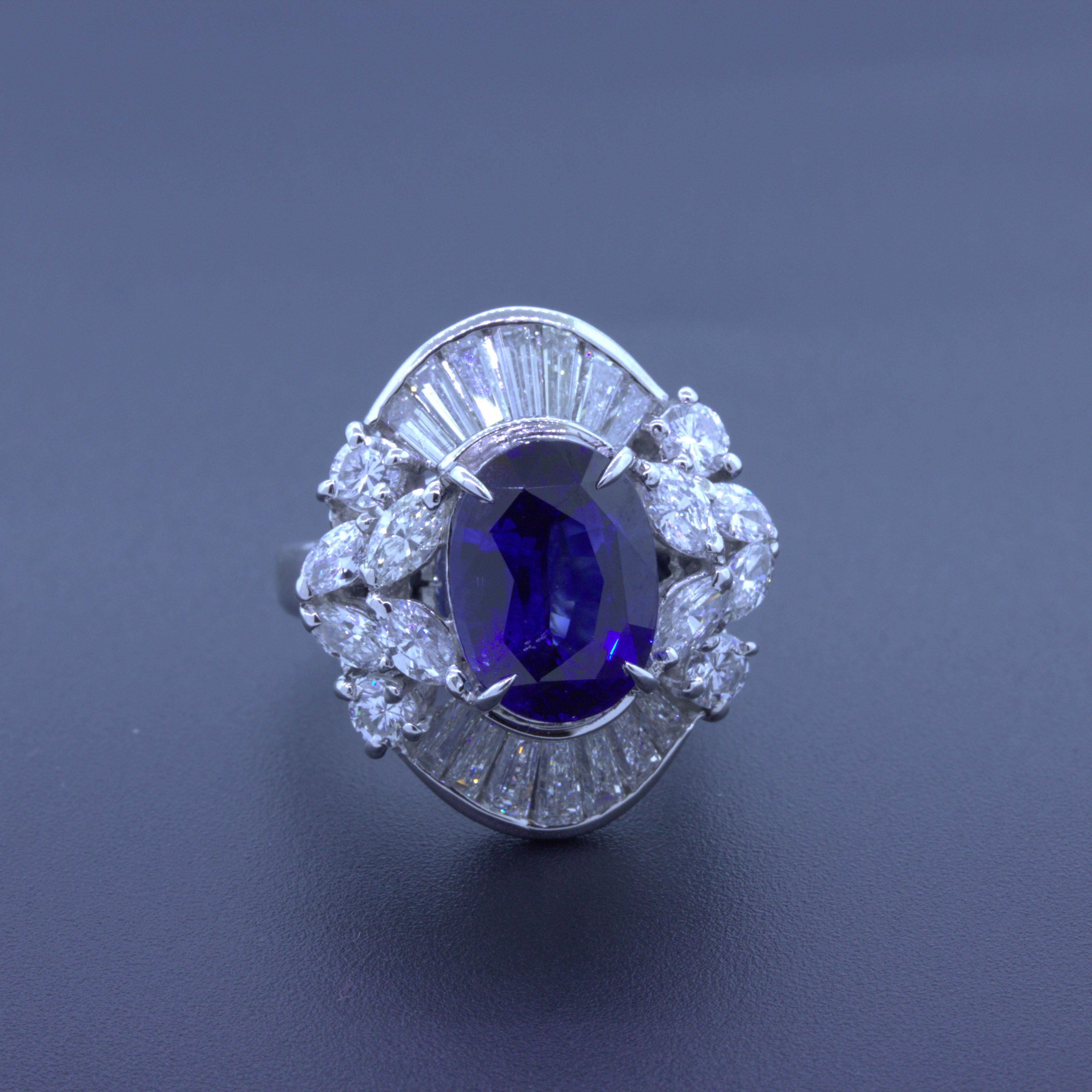 Oval Cut 5.67 Carat Blue Sapphire Diamond Platinum Cocktail Ring For Sale
