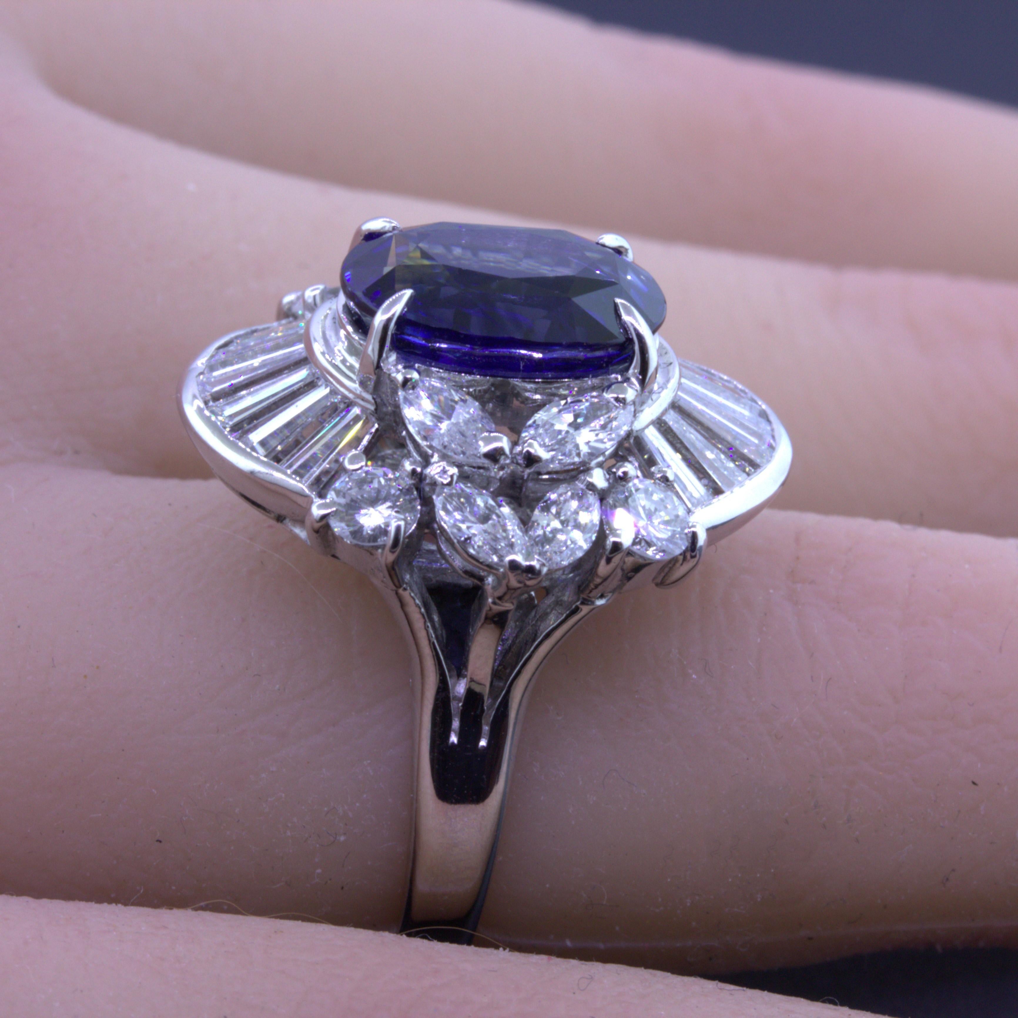 Women's 5.67 Carat Blue Sapphire Diamond Platinum Cocktail Ring For Sale