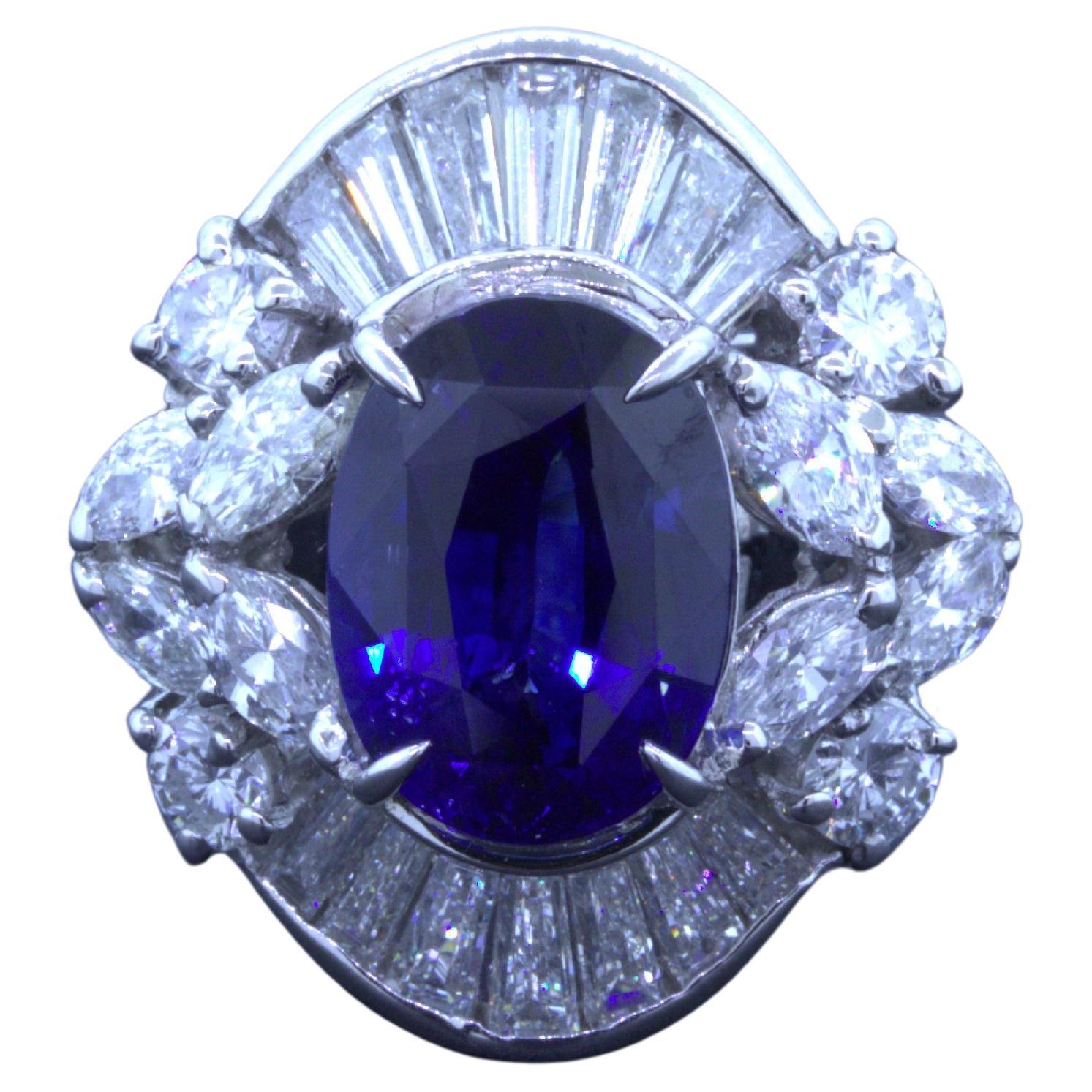 5.67 Carat Blue Sapphire Diamond Platinum Cocktail Ring For Sale