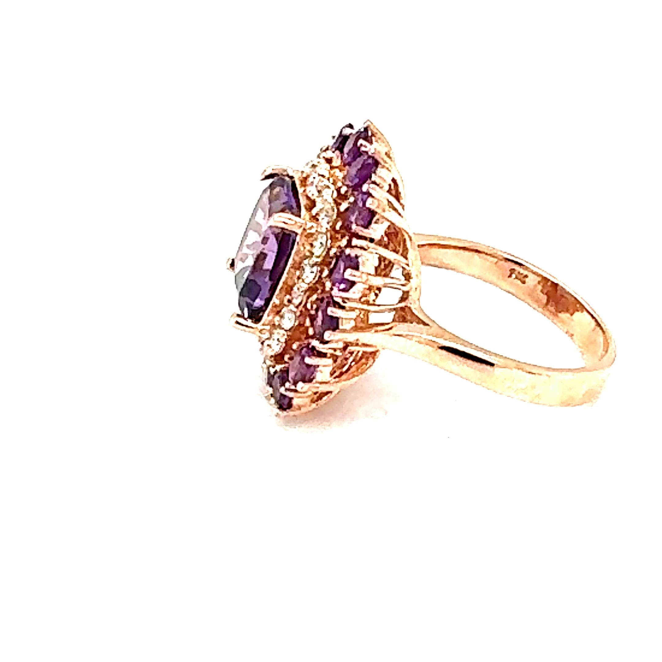 Women's 5.67 Carat Cushion Cut Amethyst Pink Sapphire Diamond Rose Gold Cocktail Ring For Sale