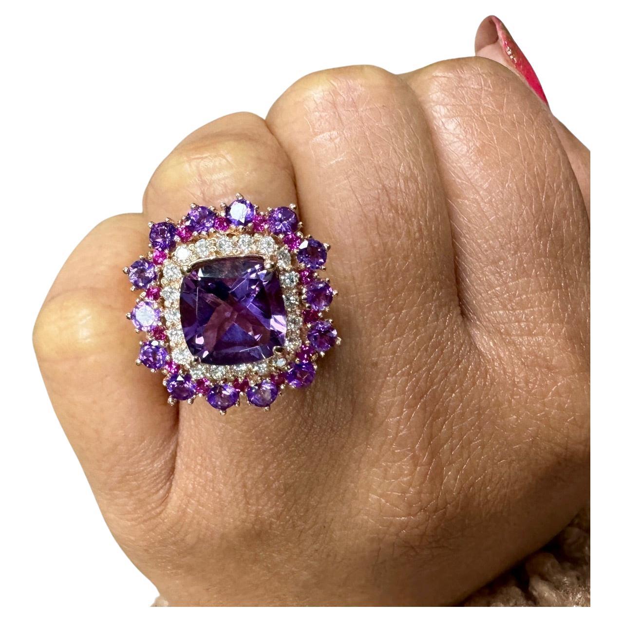 5.67 Carat Cushion Cut Amethyst Pink Sapphire Diamond Rose Gold Cocktail Ring For Sale 1