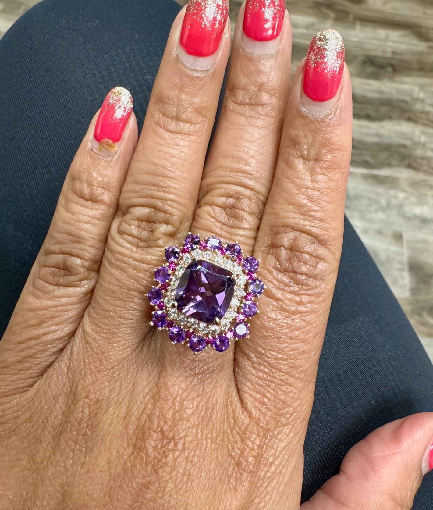5.67 Carat Cushion Cut Amethyst Pink Sapphire Diamond Rose Gold Cocktail Ring For Sale 2