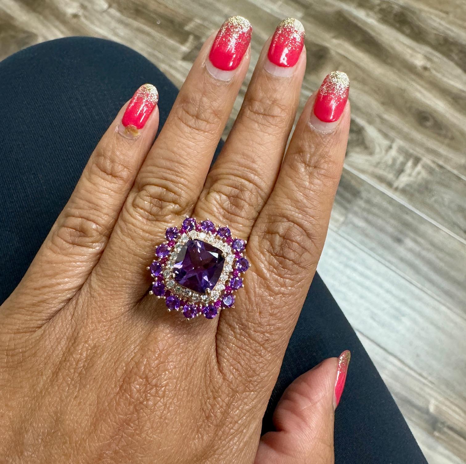 5.67 Carat Cushion Cut Amethyst Pink Sapphire Diamond Rose Gold Cocktail Ring For Sale 3