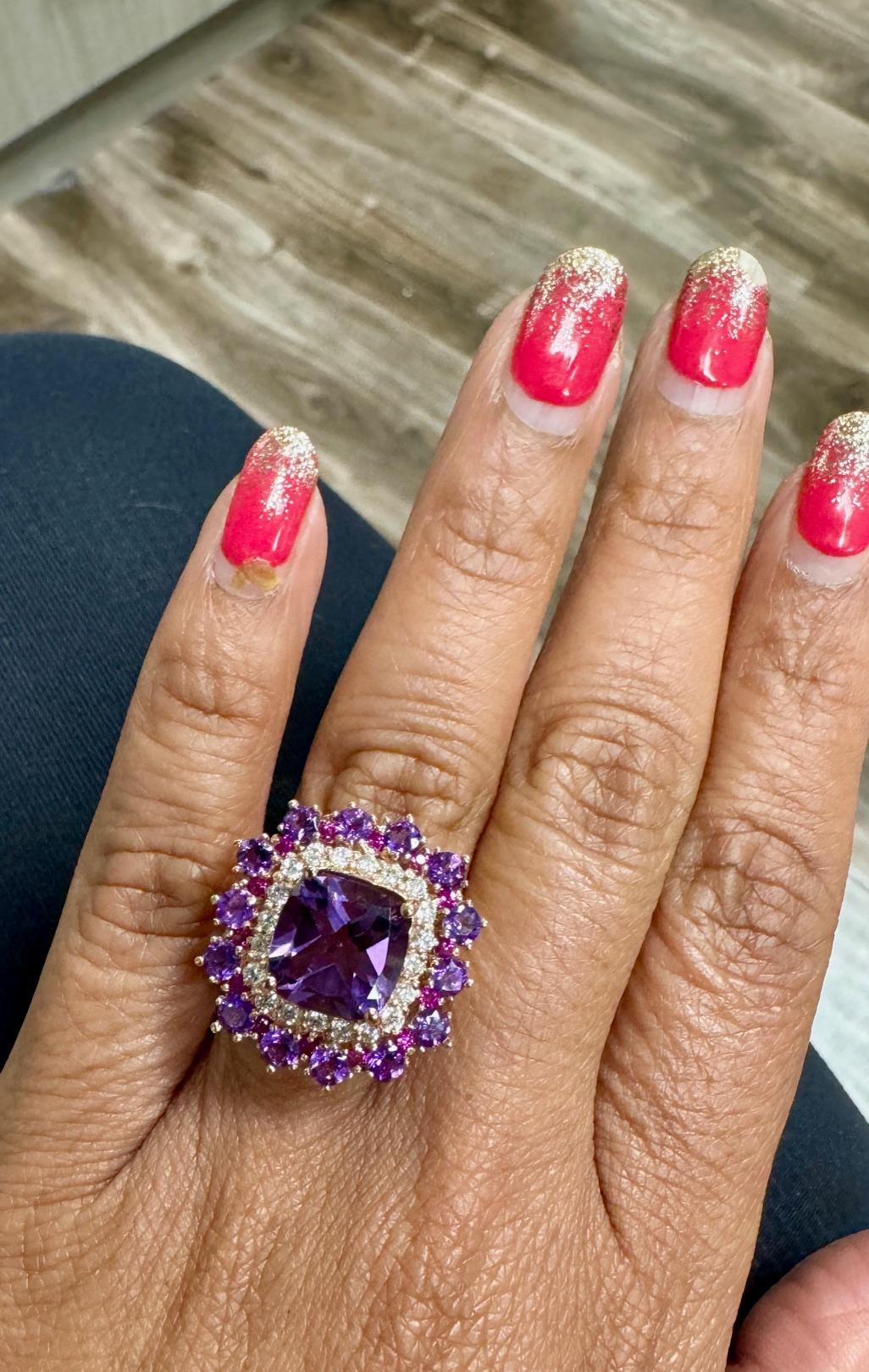 5.67 Carat Cushion Cut Amethyst Pink Sapphire Diamond Rose Gold Cocktail Ring For Sale 4