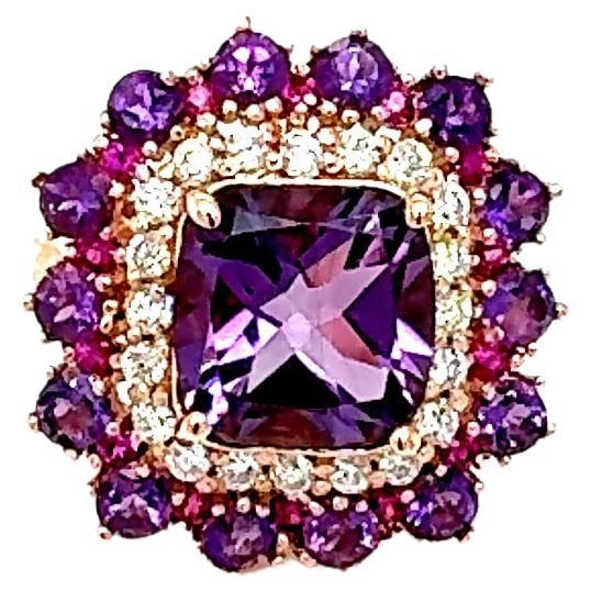 5.67 Carat Cushion Cut Amethyst Pink Sapphire Diamond Rose Gold Cocktail Ring For Sale