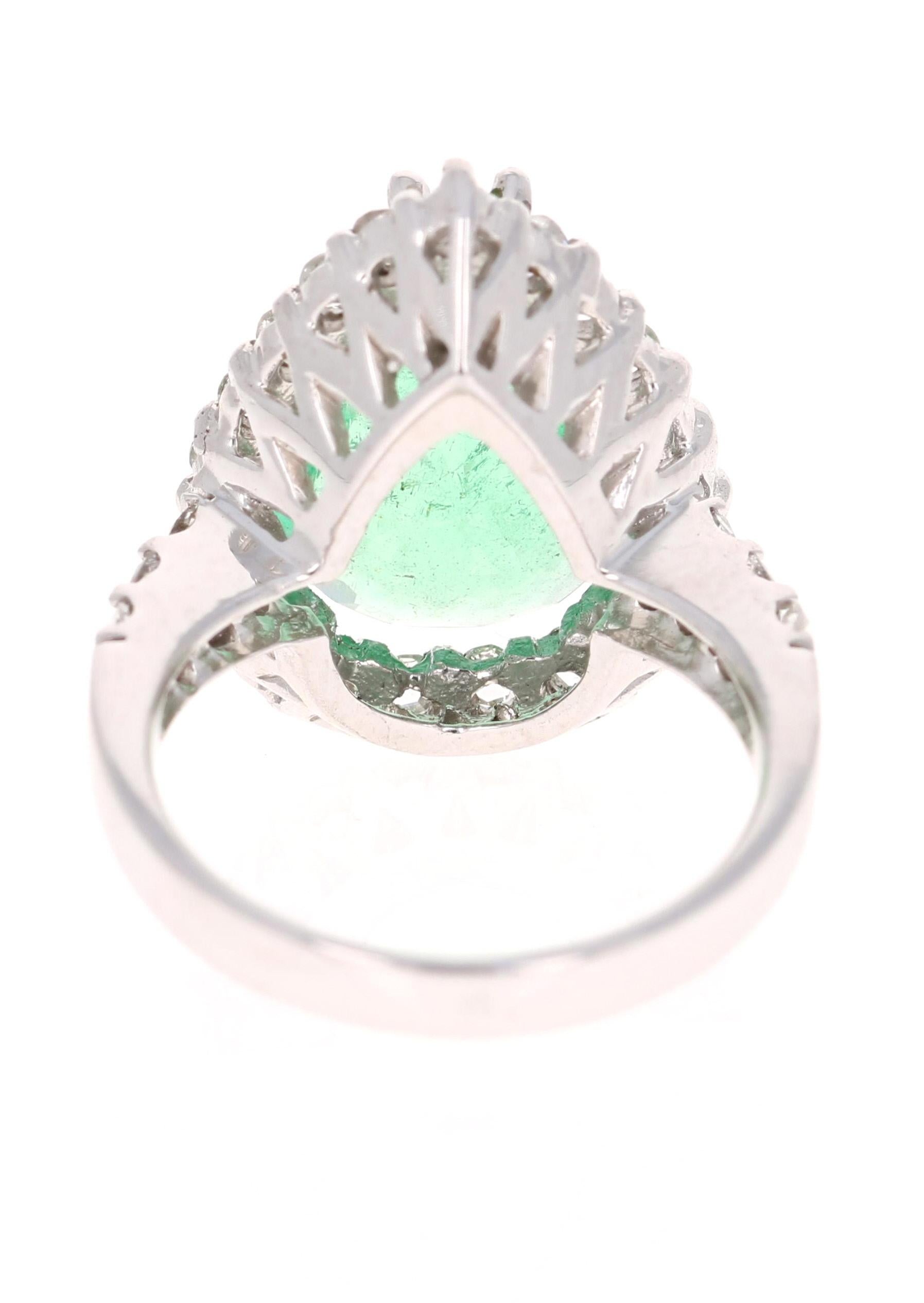 Late Victorian 5.67 Carat Pear Cut Emerald Diamond 14 Karat White Gold Vintage Ring For Sale