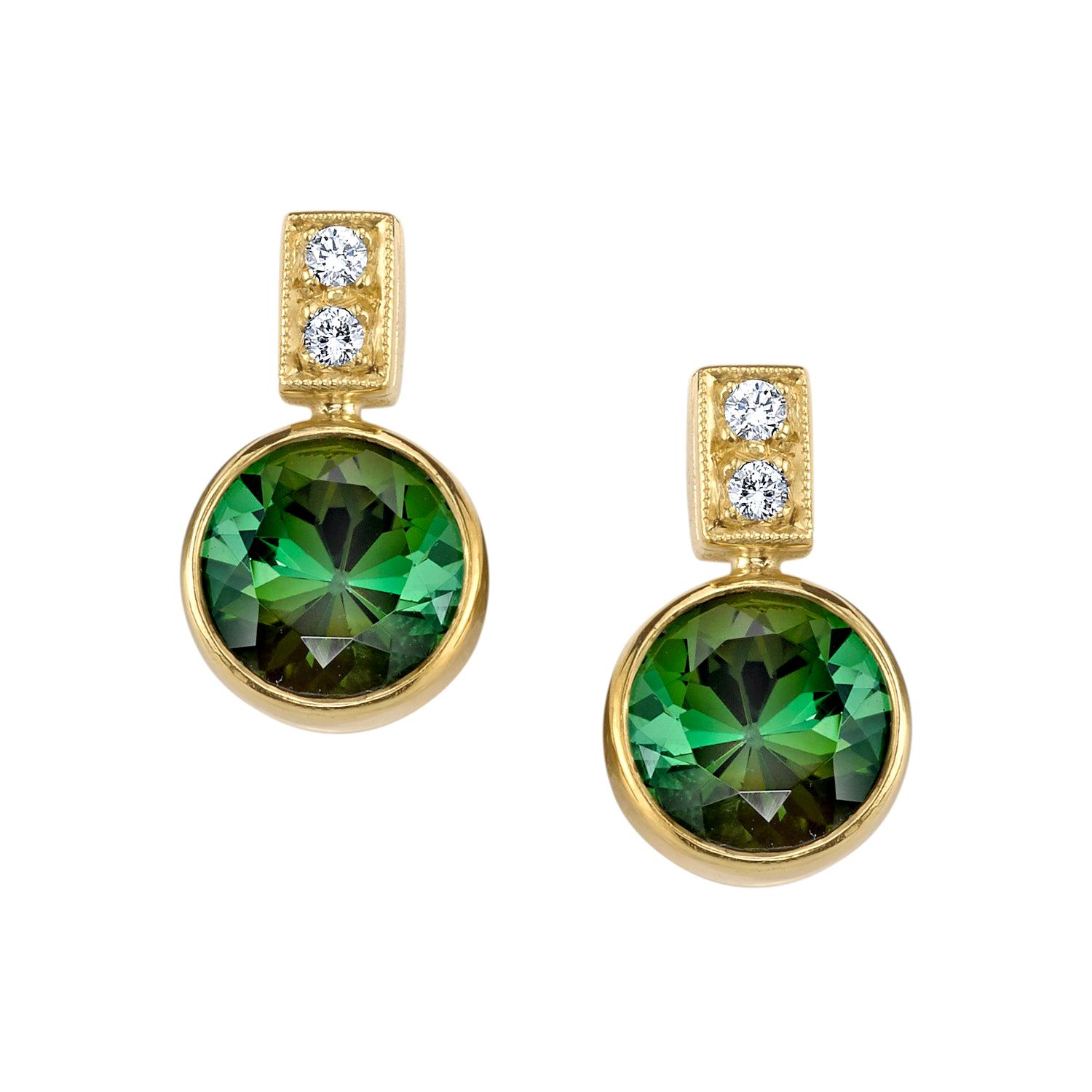 Green Tourmaline and Diamond Drop Earrings in 18k Yellow Gold, 5.67 Carats Total For Sale