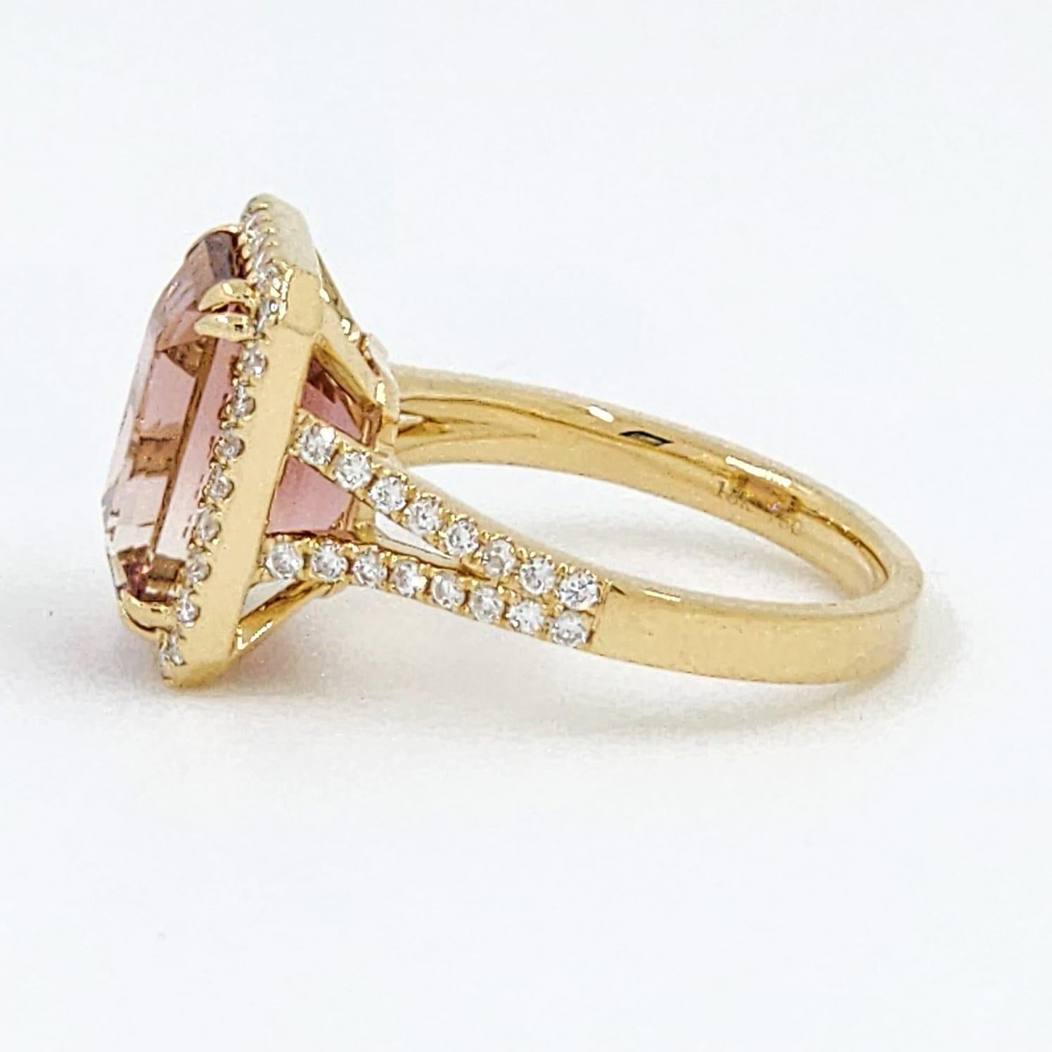 Emerald Cut 5.67 Carat Pink Tourmaline and Diamond Ring in 18K Yellow Gold For Sale