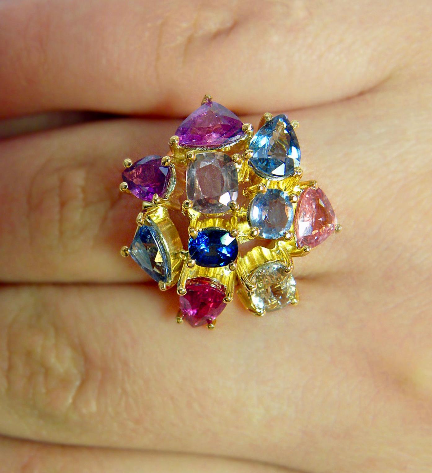 Pear Cut 5.67 Carat Untreated Multicolor Sapphire Ring in 18k Yellow Gold