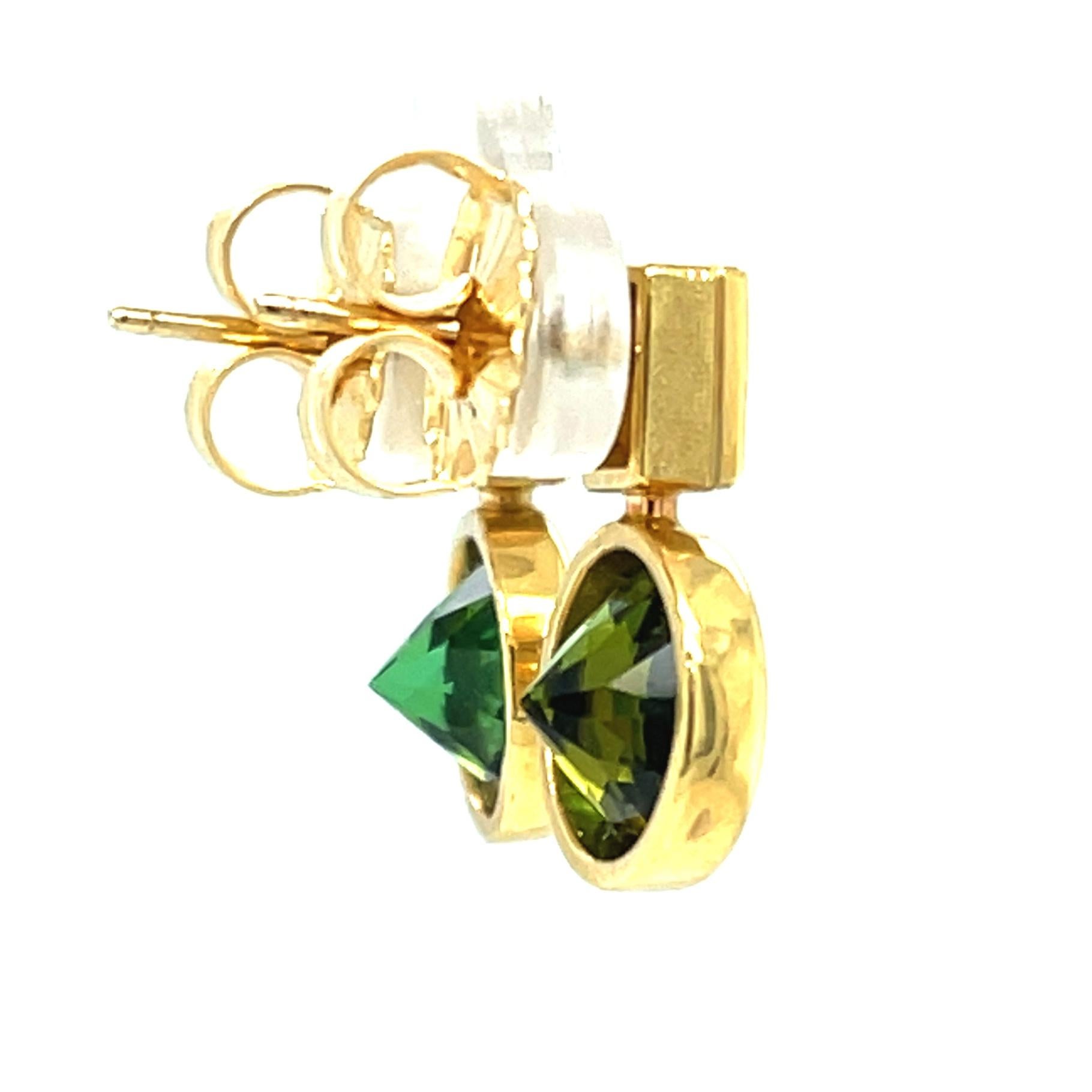 Artisan Green Tourmaline and Diamond Drop Earrings in 18k Yellow Gold, 5.67 Carats Total For Sale