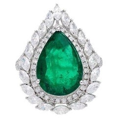 5.67 Cts Pear Cut Natural Emerald Ring / 18k White Gold jewelry