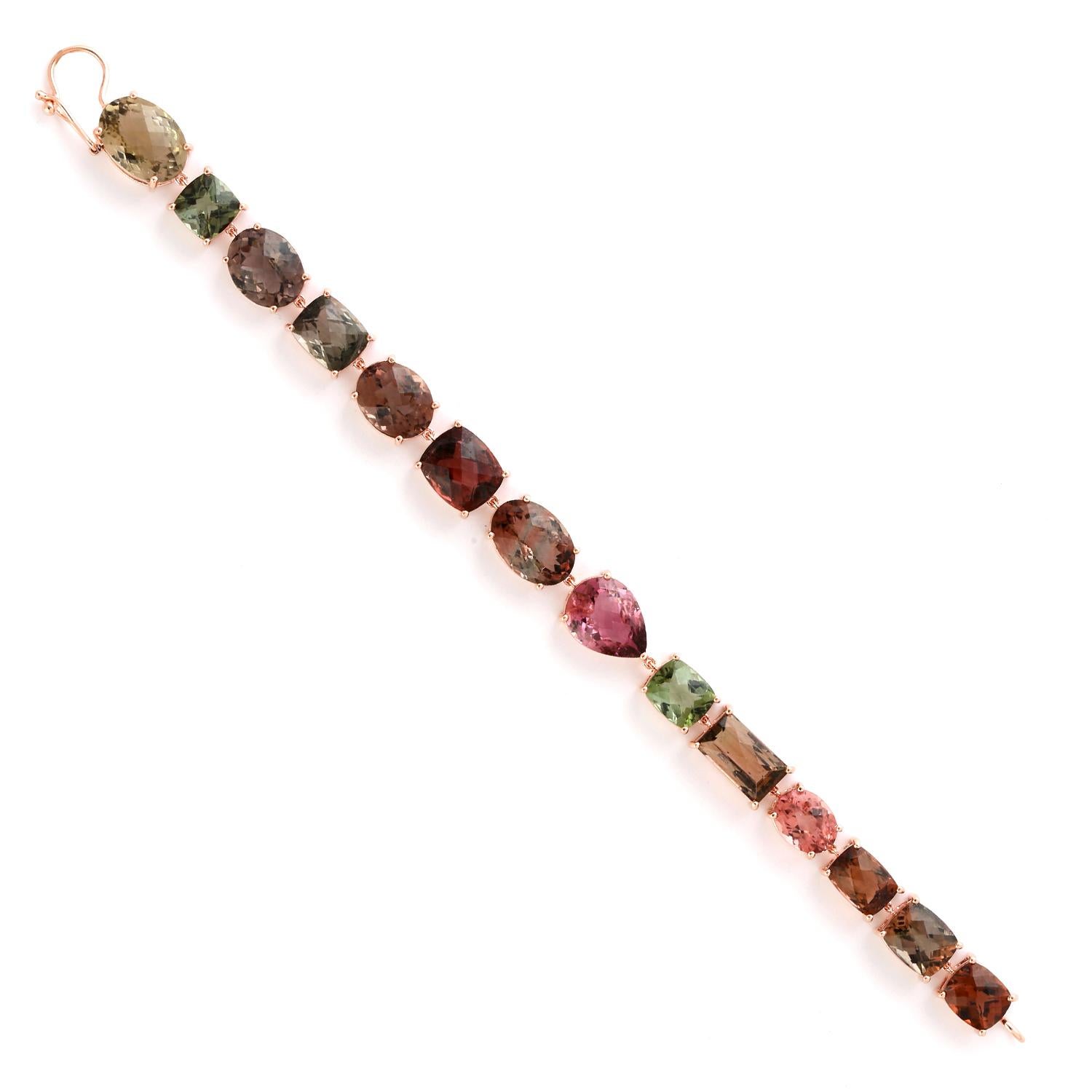 Contemporary 56.78 ct Multicolor Tourmaline Bracelet Made In 18k Gold For Sale