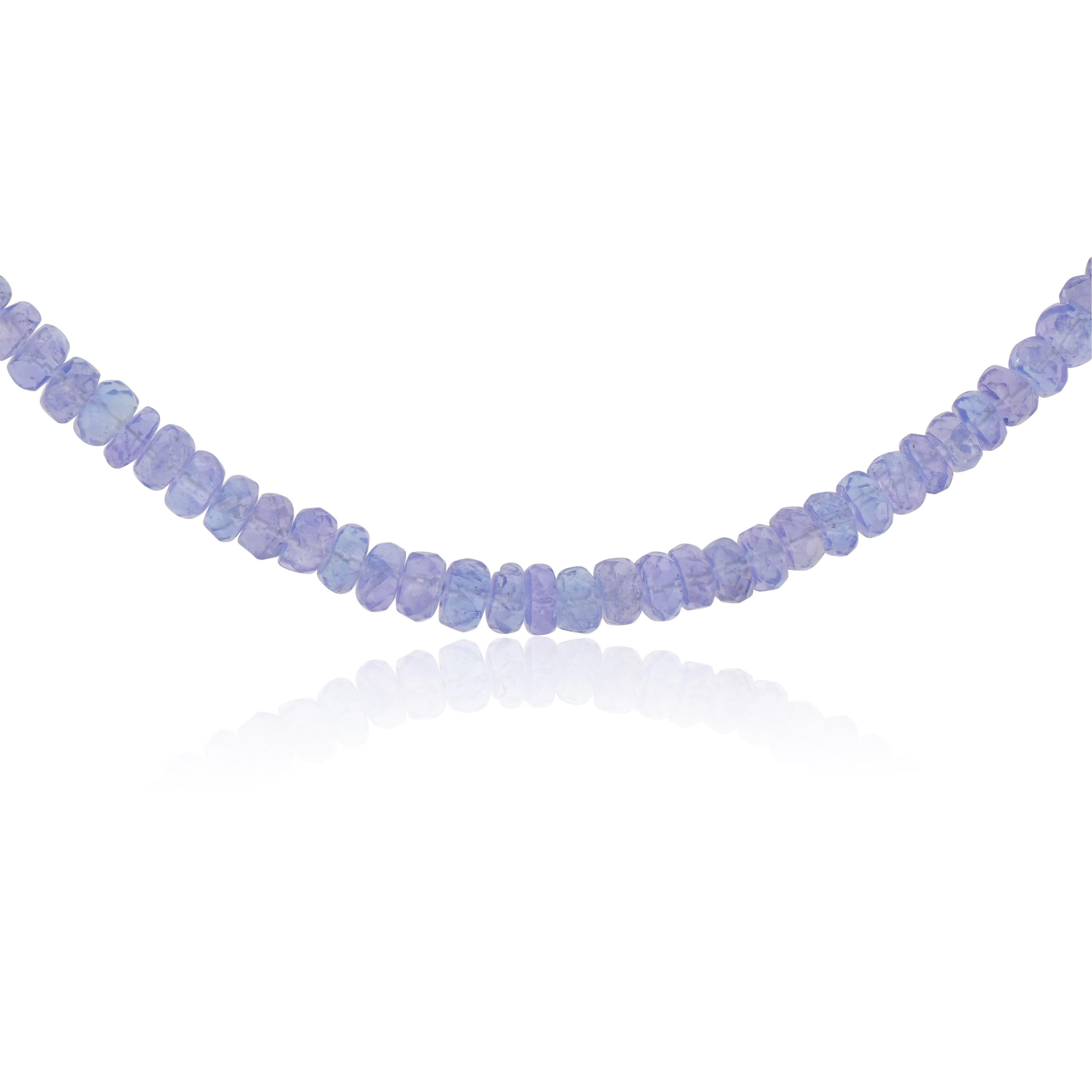 Known to be the birthstone of December, Tanzanites have such regal flair. Featured with 56.57Ct  in round faceted beads is set in genuine 925 sterling silver and is nickel free. This women's necklace has a hanging length is 18 inches.