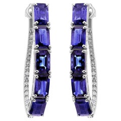 5.67Ct Natural Blue Sapphire 0.17ct Diamond Hoop Earrings 14k White Gold