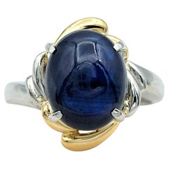 5.68 Carat Oval Cabochon Sapphire Ring in Platinum and 18 Karat Yellow Gold
