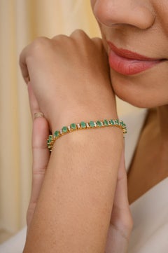 5.68 Carat Oval Cut Emerald and Diamond Tennis Bracelet in 18k Yellow Gold