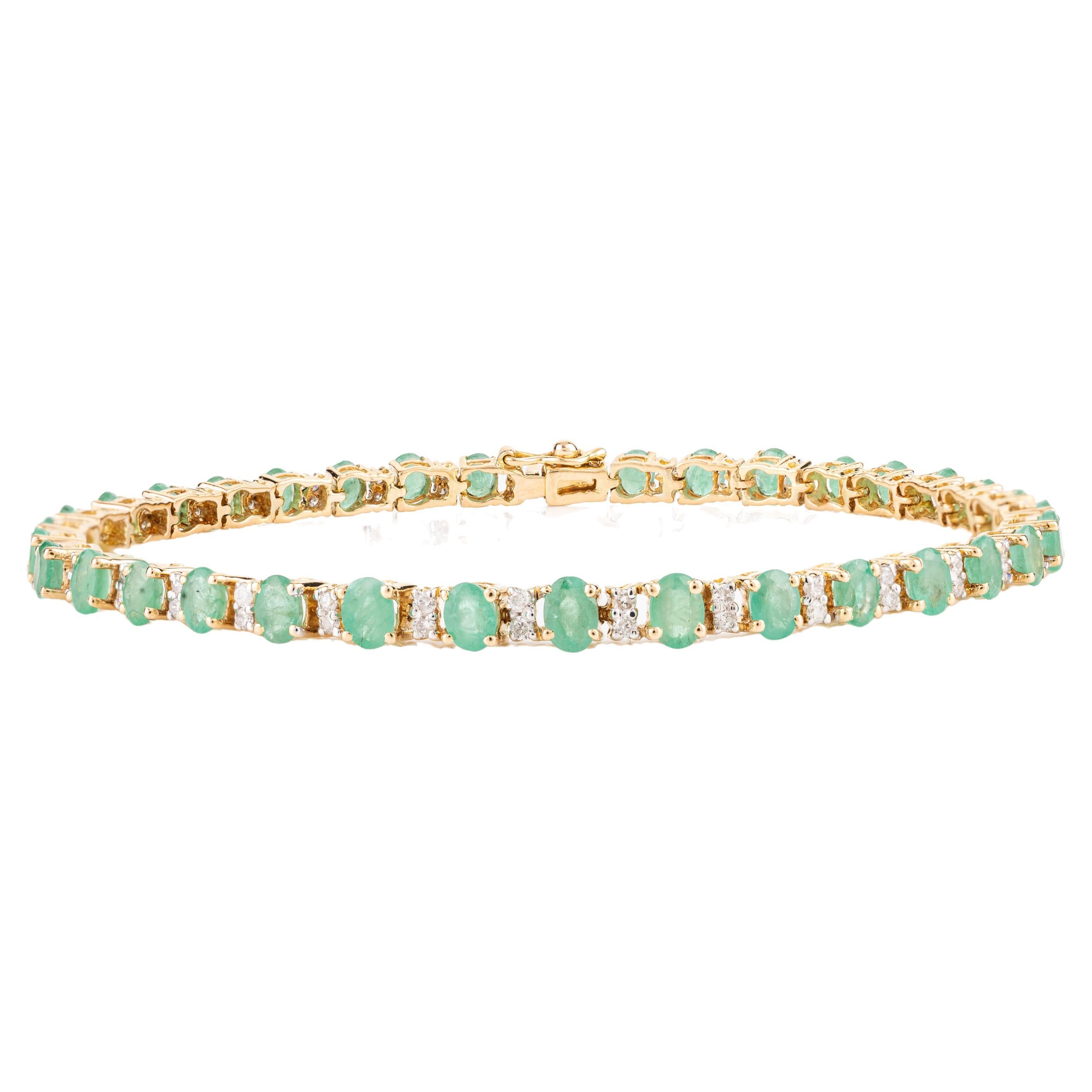 5.68 Carat Oval Cut Emerald and Diamond Tennis Bracelet in 18k Yellow Gold For Sale