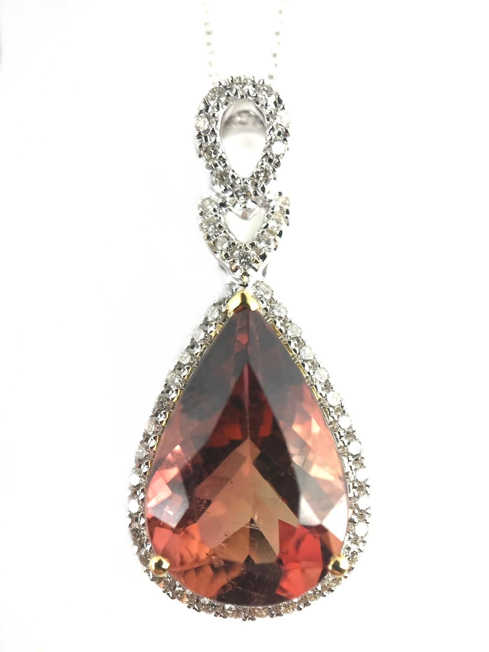 Contemporary 5.68 Carat Pear Shaped Peach Tourmaline and Diamond Pendant ref1875 For Sale