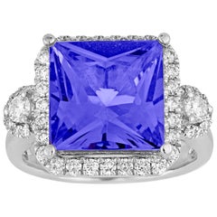 5.68 Carat Princess Cut Tanzanite Diamond Gold Milgrain Ring