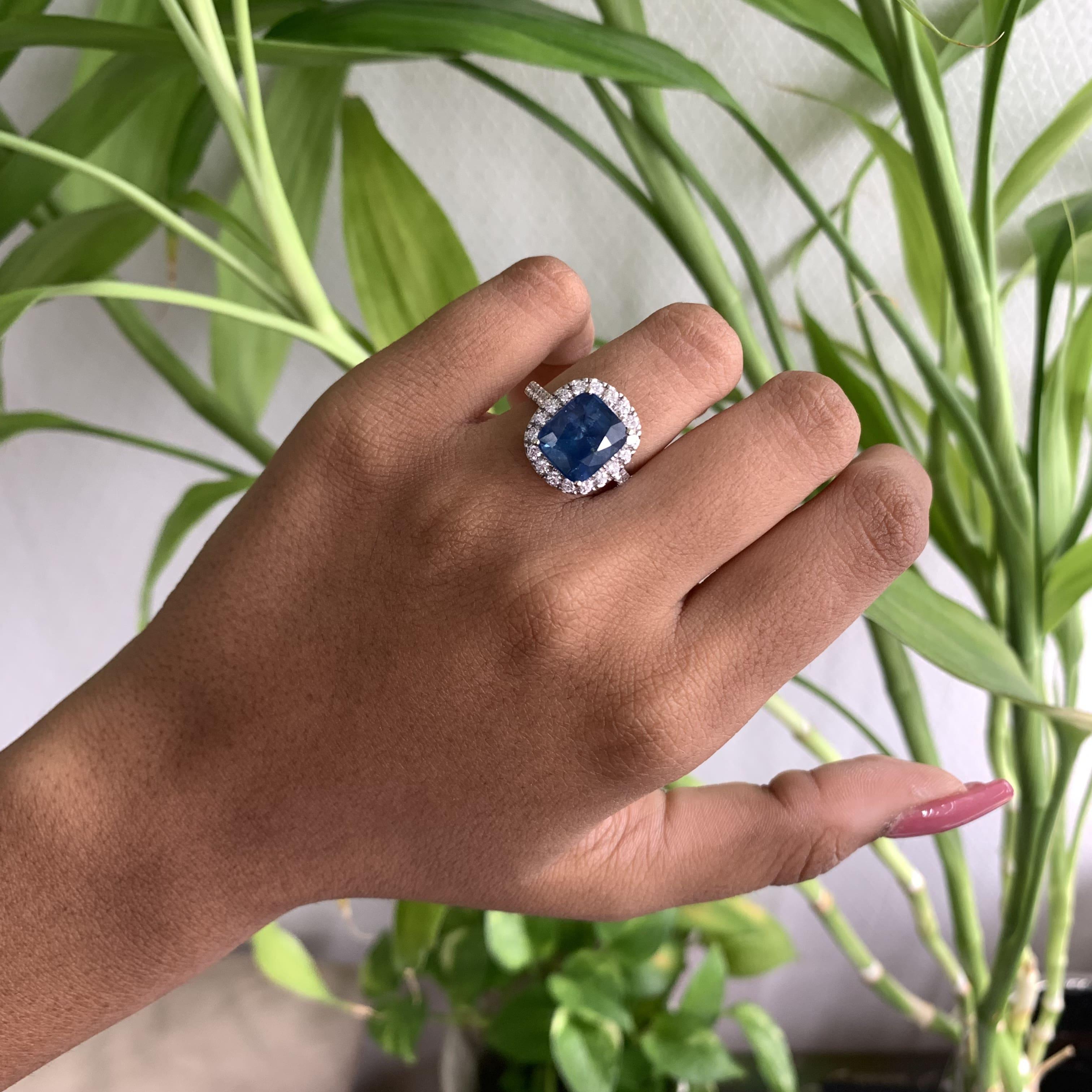 Modern 5.68 Carat Teal Blue Sapphire & Diamond Ring in 14K White Gold
